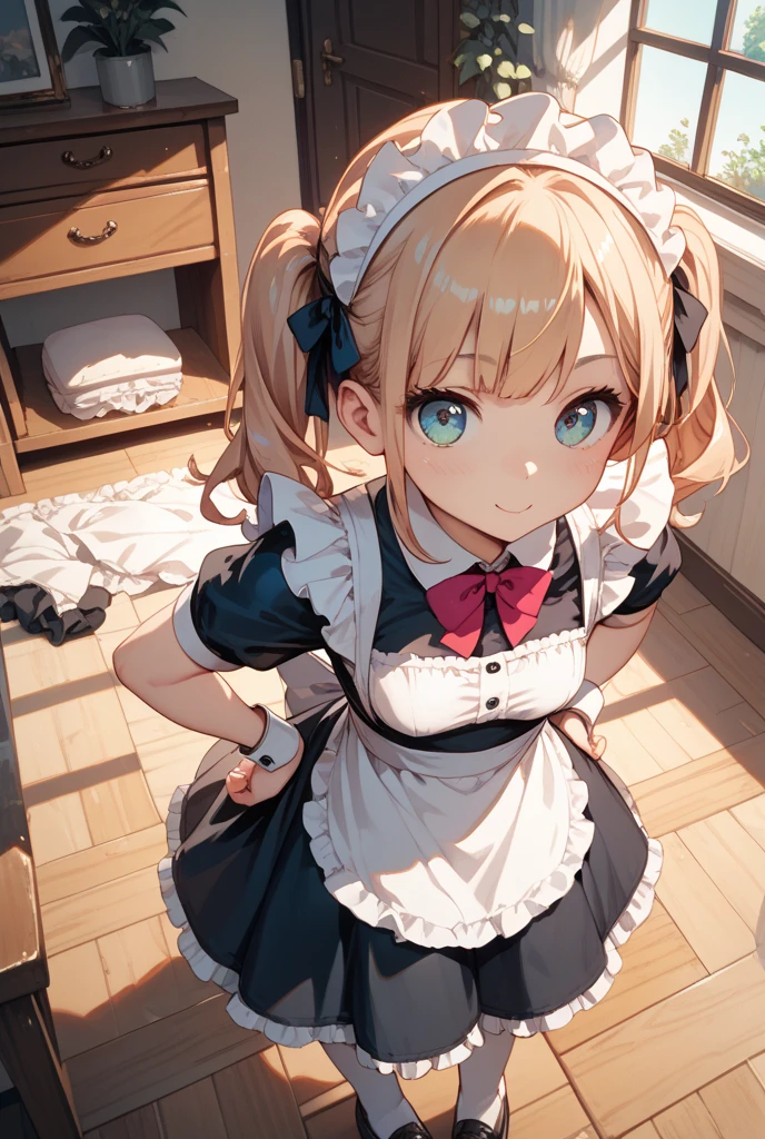 (superfine illustration:1.2),(masutepiece, 8K), (Best Quality, High quality:1.4), portlate、((Super Pastel)),Perfect Anatomy, Hyper Detailed, ultra-detailliert,masterpiece background,beautiful detailed background, V8K Wallpapers,perfect design, 1girl in, Solo, (Outstretched arms,slender, Very short sleeves,a blond,maid, I'm surprised、door, From above, Cowboy Shot:1.2), (lightsmile, Open mouth, , a blond, Long hair,(put out one's forehead)、(Forehead)、(Lack of hair between the eyebrows and forehead), Blue eyes, Blue eyes, Black blouse, Short sleeves, maid apronl, white maid apron, Long black trousers, Long pants, long boots, Slender girl), Entrance to a coffee shop in the fantasy world of medieval Europe,