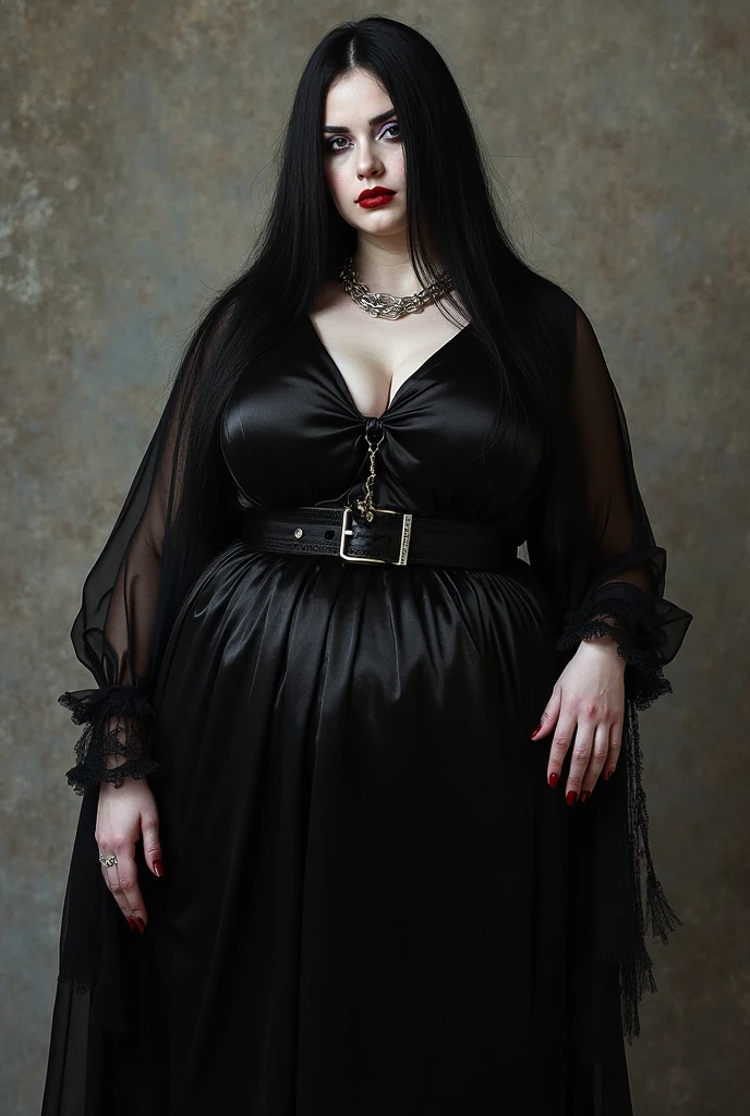 Morticia Addams nude at the old castle, pubic hair, showing pussy, black hair, perfect eyes, beautiful face, pregnant