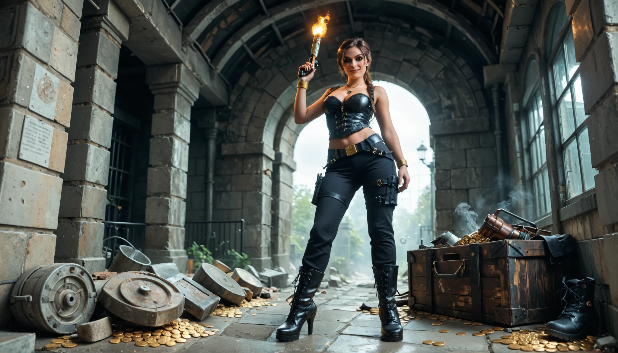 TRLCLAS, brown hair, croft from tomb raider, sexy, brown eyes,black tactical corset, tight dark cargo pants, gold-accented knife sheath, combat heels, golden wrist wraps, obsidian pendant, smoky eye makeup, single red lens over one eye, torch-lit underground vault, gleaming sarcophagi, crypt walls carved with serpents, gold coins scattered on the floor, ancient fan slowly turning above, warm amber lighting, One boot on your chest, looking down with a smirk, gun holstered but hand near it, hud_v4nspose, boots, from below, solo, sky, foreshortening, perspective, one foot up, one legged-stand