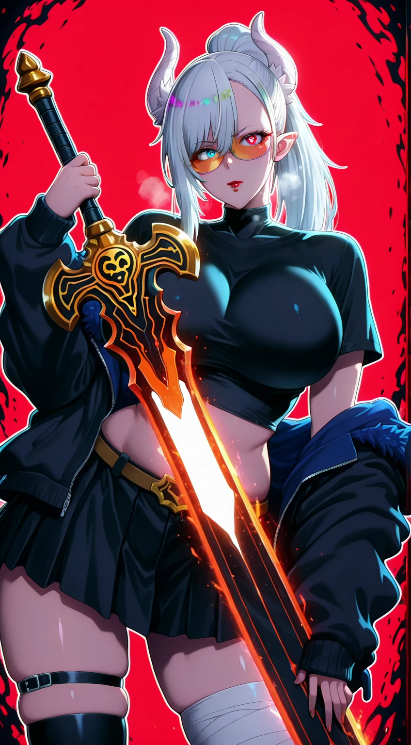 Ruberule, (oshi no ko-style:1.5), (anime coloring, anime screencap), shiny skin, (marumoru-style:1.8), (horori_(halloweenday309)-style:1.2), (puuzaki_puuna(punopupupu)-style:1.2), (zonda_(solid_air)-style:1.4), ((anatomical correct)), ((Cinematic, unreal engine, eye-catching, ambient occlusion, UHD, masterpiece)), ((perfect lighting, dappled sunlight, soft shadow)), perfect body, perfect eyes, perfect fingers, gasping, heavy breathing, gasping profusely, ((skindentation)), ((curvy)),, belial, 1girl, mature female, demon girl, demon horns, pointy ears, long hair, silver hair, ponytail, swept bangs, heterochromia, red eye, yellow eye, lipstick, red lipstick, big breasts, glasses, tinted eyewear, bright pupil, ((white outline)), (black aura), (blue aura), (aura:1.2), plump, 1girl, weapon, solo, sword, skirt, red_background, thighhighs, jacket, looking_at_viewer, holding_weapon, crop_top, shirt, holding, thigh_strap, midriff, black_skirt, holding_sword, belt, glowing_weapon, black_shirt, black_jacket, choker, open_clothes, bandaged_leg, open_jacket, breasts, black_thighhighs, miniskirt, simple_background, off_shoulder