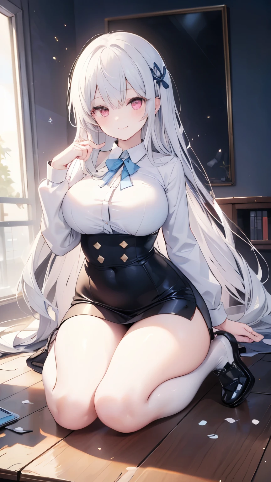 ((8K,tmasterpiece,realisticlying,The most beautifully illustrated),(((Bust photo)))(Hyper-detailing,Ultra-clear,naturey),((White wavy extra-long curls):1.3,choker necklace,ear jewelry,Pink and moist lips,),1 busty girl,Quiet and welcoming classroom,white super long hair,White wavy curls,Hair is shiny,The halo,Open student uniform with pleated skirt taken off,Elegant and beautiful hairpins,White wavy curls,Bare-legged and high heels,Reasonable movements,Stretch meat,Fair and moisturized skin