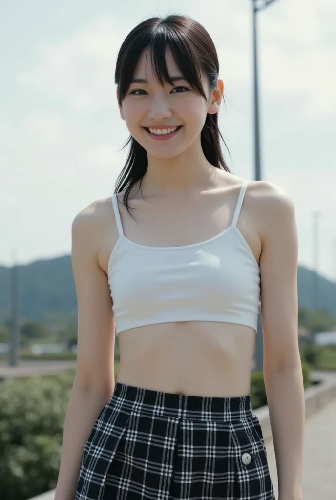 (masterpiece, highest quality:1.4), Award-winning portraits, 8k, 85mm, alone, Beautiful Face, Delicate girl, (Cheerleader、On the grass), Sophisticated, cute, 15 years old, RAW Photos, Confused, High resolution, Sharp focus, Background Blur、(((flat 、thin and delicate body、Childish atmosphere)))、shiny semi-long hair、Mole on the left cheek、 Dark blue eyes、the skirt is swaying in the wind、Hair swaying in the wind、sexy、flexible legs、naked