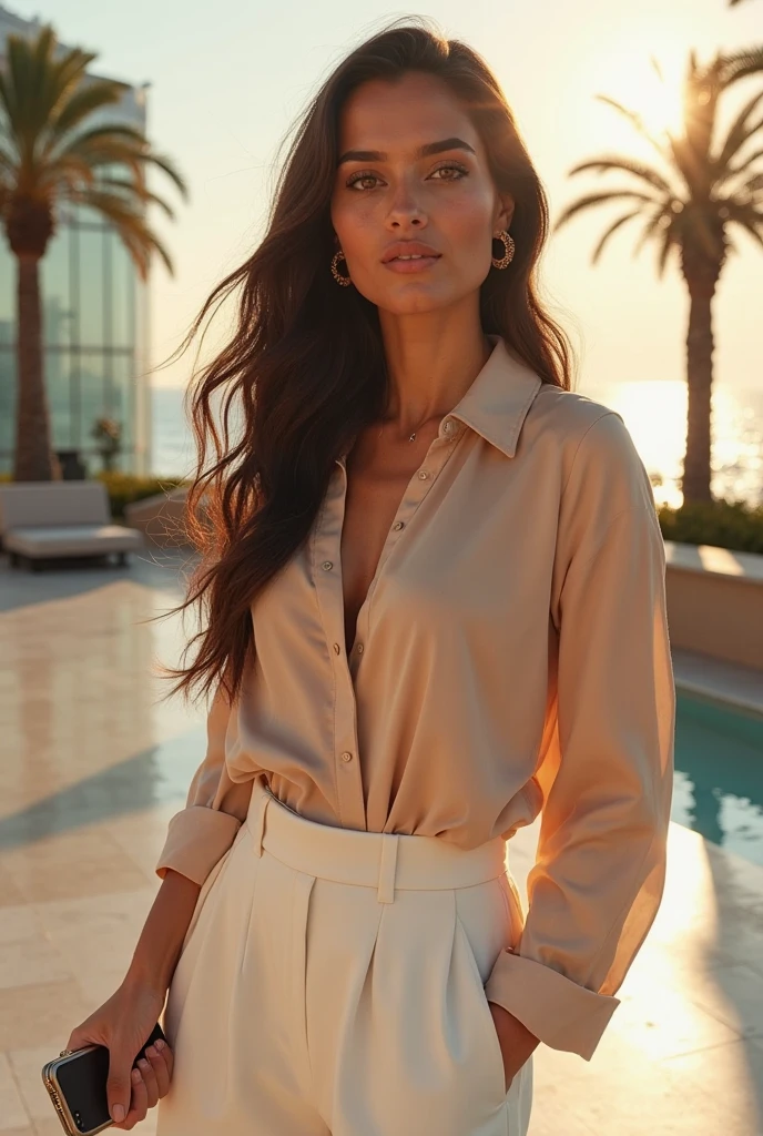 Hi, I want a full-body woman with dark cream pants., light cream colored long sleeve blouse and hair tied with bows
