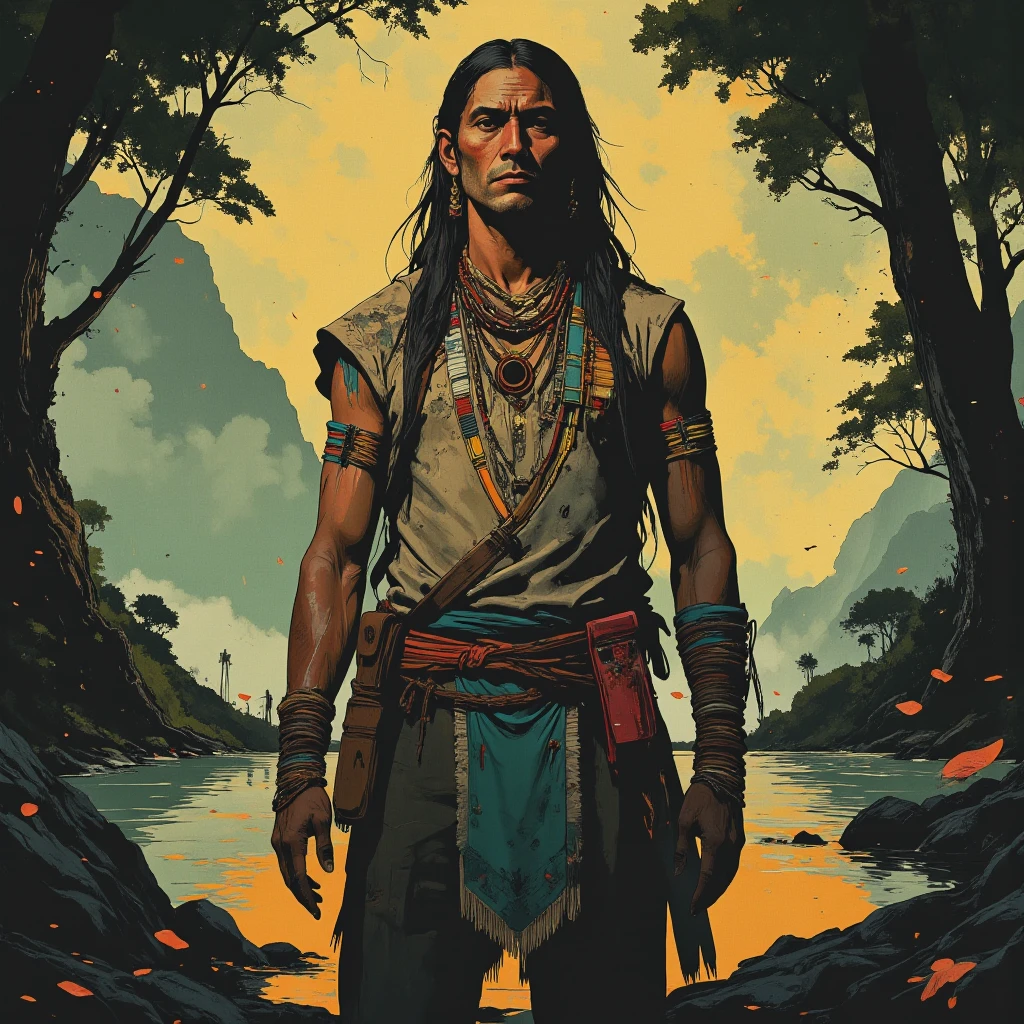 Young filipino teenager, wearing tribal hunter gear, with dog, holding spear with stone tip, forest background, comic style, mad face expression, cut on cheek, slight mud on face