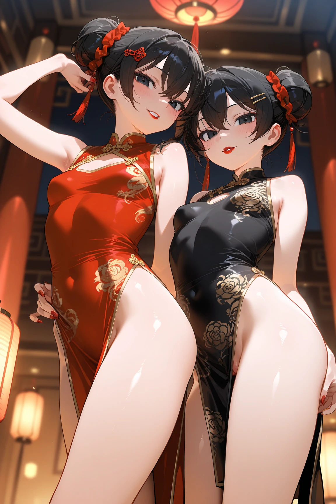 masterpiece, best quality, 2girls, , (petite), double bun, cowboy shot,
seductive smile, kneeling, china dress, open clothes, small breasts, nipple slip, Hongkong street, night,