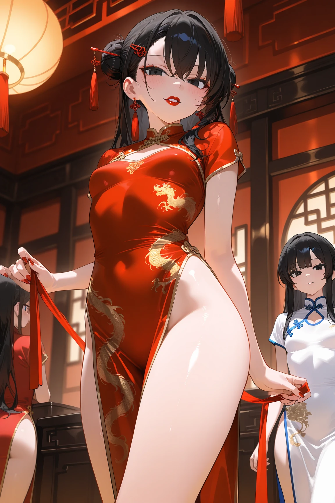 China，Tavern hostess，owner，Red Hanfu，Beautiful hair accessories，Stand up，front，Looking at the audience，Full Body Love，Standing solemnly，Smile，Spring breeze full of petals，Maximum chest，Bare thighs，Fully understand