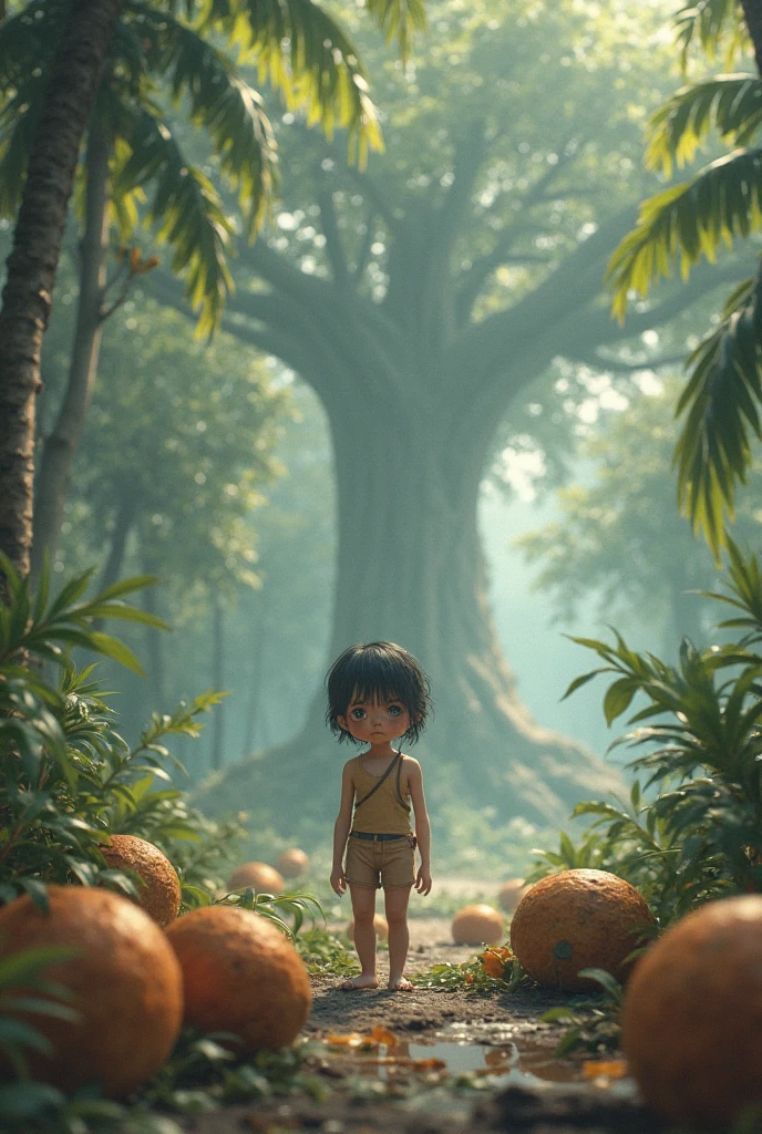 Beautiful jungle and a little boy in the village, Has bright eyes and unkempt hair, Stand up with a curious and surprised expression, hyper realisitc, BK, ULTRAHA, pixar-style, Dinis style, 4 d cinema, - ar 3:2 - Upscaling by @Raaahatk