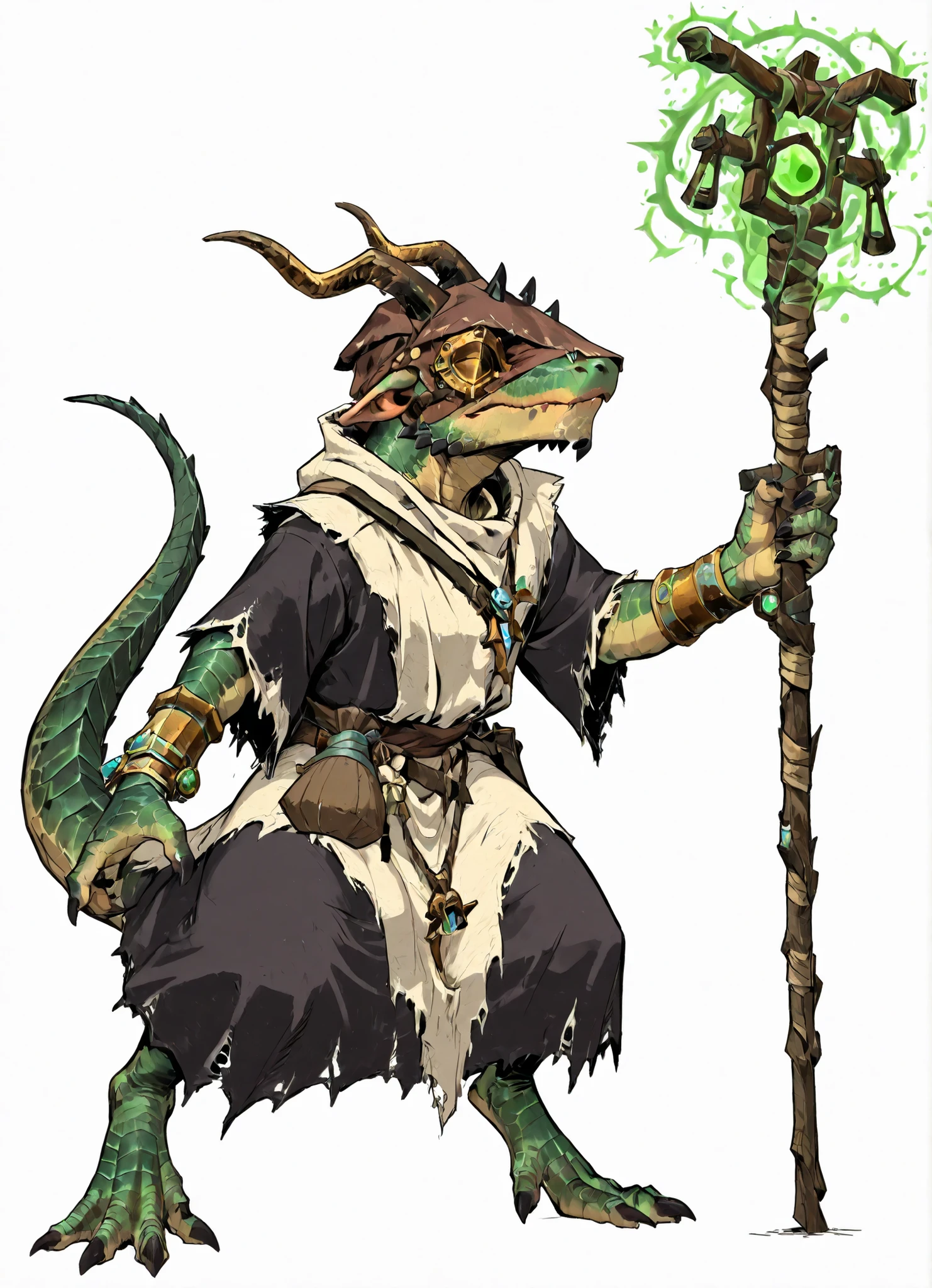 high quality, masterpiece, kobold, green scales, plague mage, GreySeer, horned, cajado de madeira, green magic

