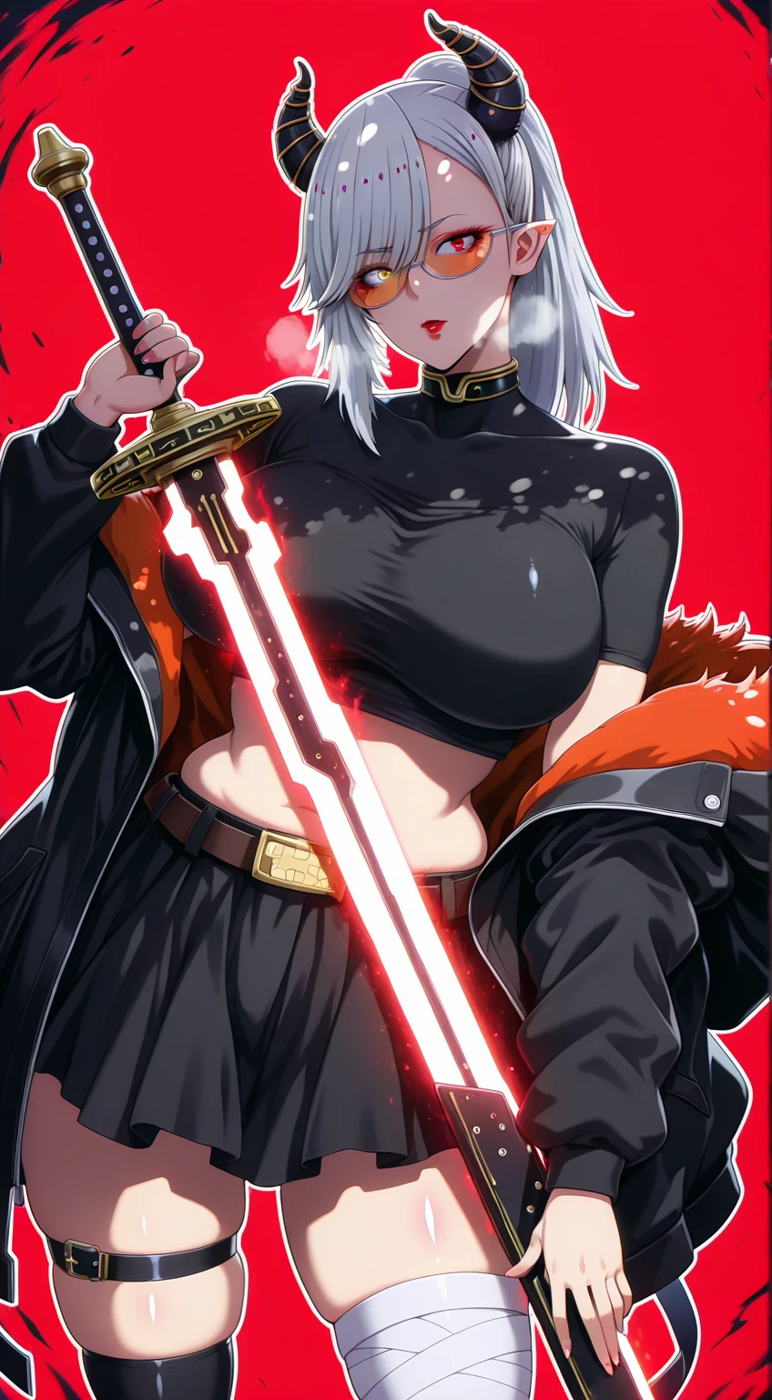 Ruberule, (Tokyo ghoul-style:2.0), (anime coloring, anime screencap), shiny skin, (marumoru-style:1.8), (horori_(halloweenday309)-style:1.2), (puuzaki_puuna(punopupupu)-style:1.2), (zonda_(solid_air)-style:1.4), ((anatomical correct)), ((Cinematic, unreal engine, eye-catching, ambient occlusion, UHD, masterpiece)), ((perfect lighting, dappled sunlight, soft shadow)), perfect body, perfect eyes, perfect fingers, gasping, heavy breathing, gasping profusely, ((skindentation)), ((curvy)),, belial, 1girl, mature female, demon girl, demon horns, pointy ears, long hair, silver hair, ponytail, swept bangs, heterochromia, red eye, yellow eye, lipstick, red lipstick, big breasts, glasses, tinted eyewear, bright pupil, ((white outline)), (black aura), (blue aura), (aura:1.2), plump, 1girl, weapon, solo, sword, skirt, red_background, thighhighs, jacket, looking_at_viewer, holding_weapon, crop_top, shirt, holding, thigh_strap, midriff, black_skirt, holding_sword, belt, glowing_weapon, black_shirt, black_jacket, choker, open_clothes, bandaged_leg, open_jacket, breasts, black_thighhighs, miniskirt, simple_background, off_shoulder