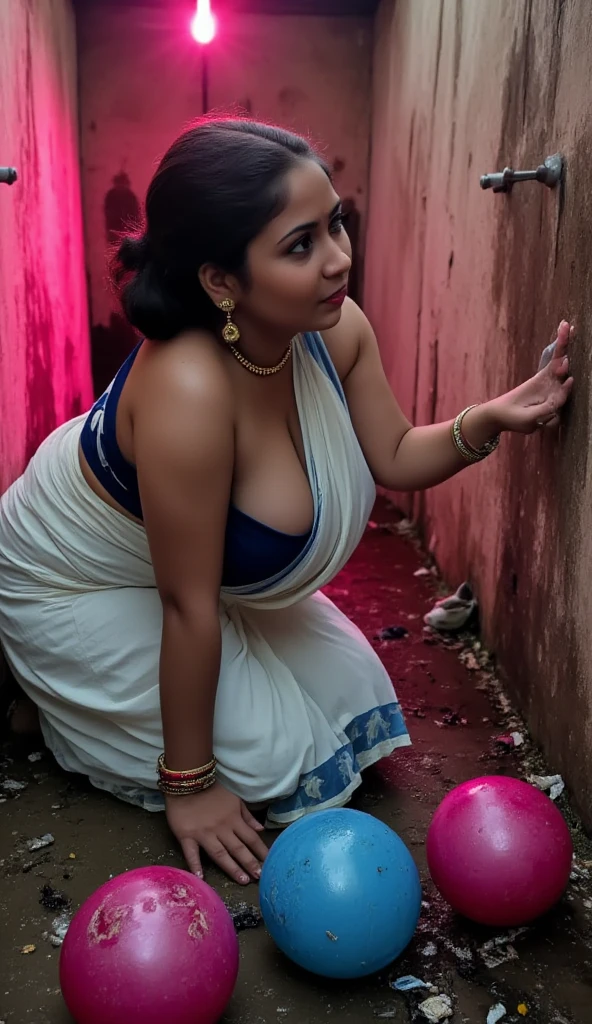 night scene, extreme close up photo of sexy indian from top view, big cheeks, curvy, hourglass figure, swooping breasts, deep cleavage, erotic pose and kneeling romantically and showing a flashlight with hand to a viewer on road, ponytail, necklace, red see through floral lace bra and saree, look at viewer and subtle smile, bangles, ornaments, jewellery, white flowers on hair, (cinematic:1.3), intricate details, (ArtStation:1.2), indoor