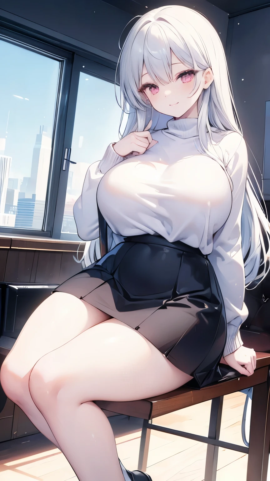 ((obra maestra)), ((mejor calidad)), (ultra detallado), ((extremadamente detallado)), 4k, (8K), mejor calidad, (Hermoso), estilo animado, mirar hacia arriba desde abajo, bar, noche, a pretty girl, 1 chica, solo, traje, Hermoso rainbow hair, Hermoso blue eyes, ((Hermoso eyes)), De piel blanca, pendientes, collar, sonrisa