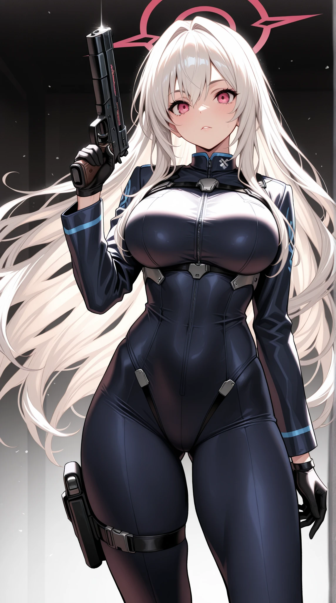 1girl, dark skin, dark-skinned female, police uniform, police, white hair, long hair, blue eyes, police hat, huge breasts, wide hips, thick thighs, policewoman, futuristic, neon trim, science-fiction, machinery, tech, blue trim, glowing eyes, toned female, toned, cute face, mature female, neon, one-piece swimsuit, competition swimsuit, medal, black swimsuit, badge, police badge