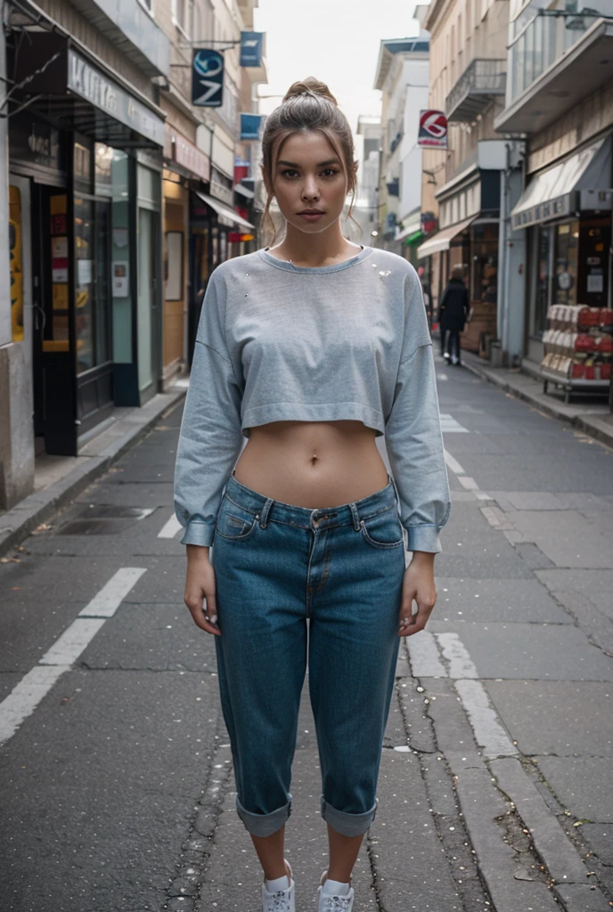 (Best Quality, Masterpiece, Photo realistic, Ultra Detailed, ultra high res, raw:1.3),cinematic lighting, japanese lady, pale skin, droopy eyes, detailed skin,20 year old,short bowl cut hair, loose white T-shirt,naval, (lowrise skinny jeans), (sneaker, beautiful legs), (full body shot), main street, from below,(no bra:1.3), (braless:1.3),(Glasses:1.3),(smile),