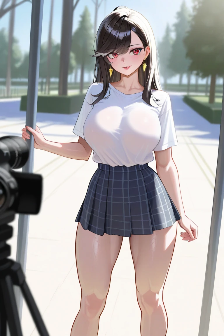 1girl, solo, long hair, looking at viewer, bangs, skirt, simple background, brown hair, topless, white background, holding, standing, purple eyes, full body, medium , large nipples nipples,y nippoes, sockink eyck footwear, plaid skirt, phone, cellphone, white socks, smartphone, holding phone, skirt, bobby socks, masterpiece, best quality, highly detailed, navel