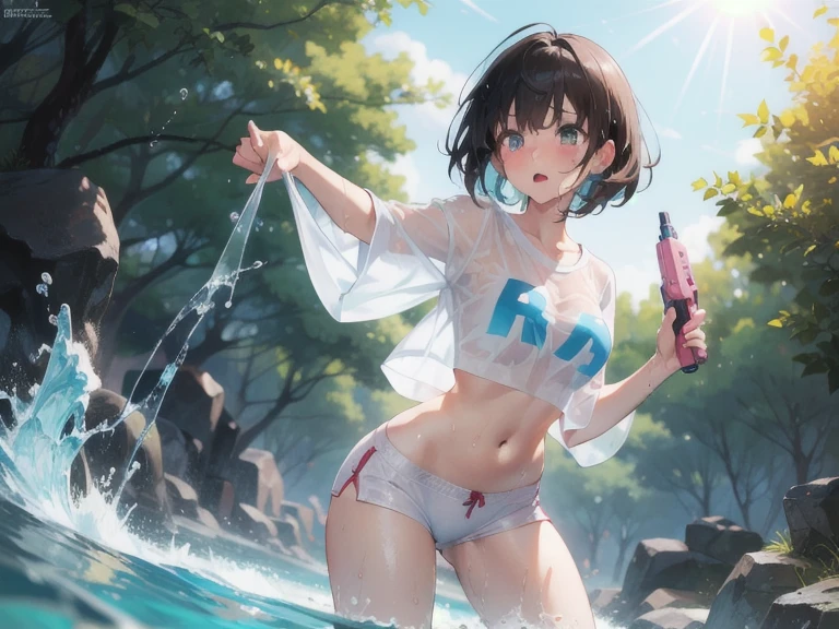 Lirilkaード, Lirilka, Animal ears, (Brown eyes:1.7), Brown Hair, (Flat Chest:1.2), happy smile, smile, Open your mouth,Sweat,Wet clothes,Wet skin short hair,White Tank Top,Belly button,Shorts,Cute Sandals ,Walking, break looking at viewer, whole body, break outdoors ,Residential Street, break (masterpiece:1.2), Highest quality, High resolution, unity 8k wallpaper, (shape:0.8), (Beautiful and beautiful eyes:1.6), Highly detailed face, Perfect lighting, Highly detailed CG, (Perfect hands, Perfect Anatomy),