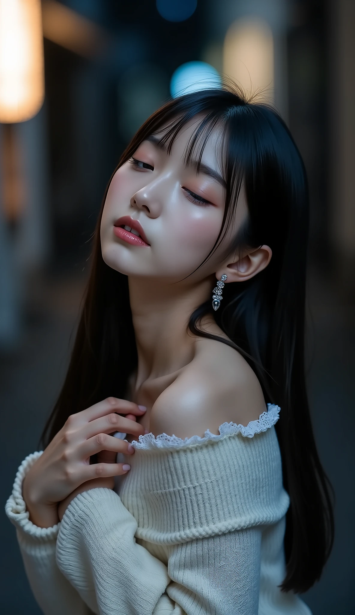 ((Front shot from above chest:1.5))、(petite young Japanese woman traveling)、Back Alley at Night、(目を瞑り顔を斜め上に向けている)、(Face just before the kiss:1.45)、photograph the face of a woman with her eyes closed and her face pointing diagonally upward、((dating))、((white off-shoulder knit sweater with lace frills))、simple earrings、white skin、BEAUTIFUL BLACK HAIR、straight long hair、light makeup、(dynamic pose:1.4)、(Beautiful huge breasts)、Accurate depiction of hands and feet、RAW pictures、16K、Reality、professional photography techniques、Ultra High Definition、16K、Real Photo