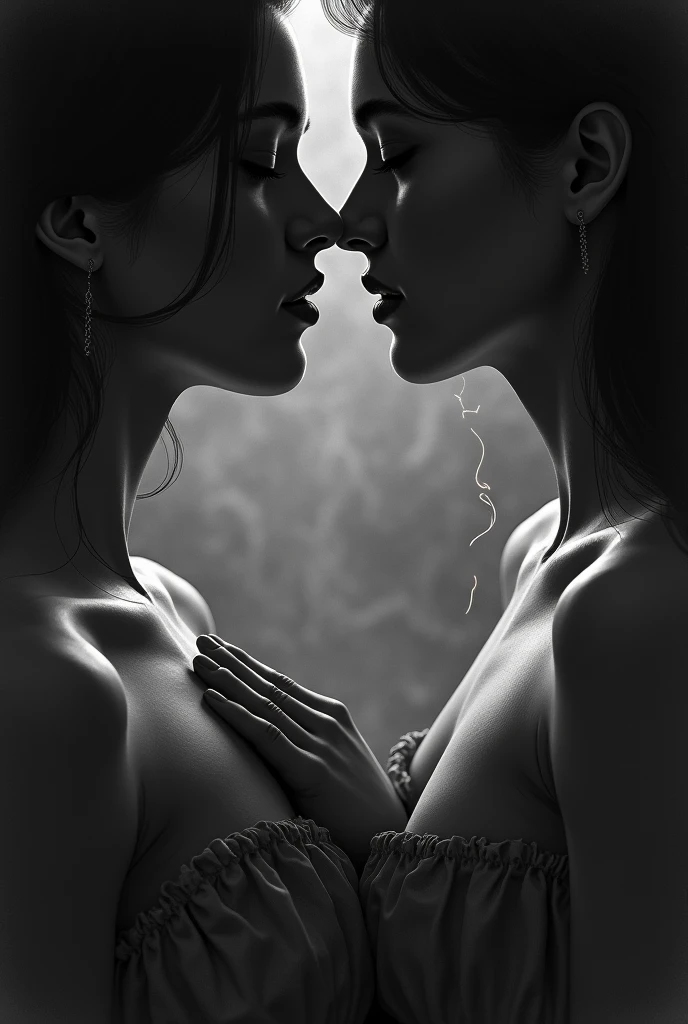 two girls 1black hair and 1blonde hair kiss lasciviously, full body, very sexy, saliva, eroticism, chiaroscuro, sensual, dramatic lighting, , Bill Sienkiewicz inspired art
