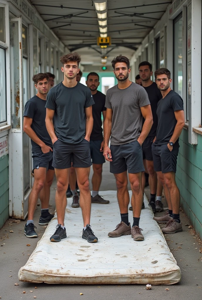 A group of male friends of 4 members gathered next to each other,they are doing gym poses, sem plano de fundo.
