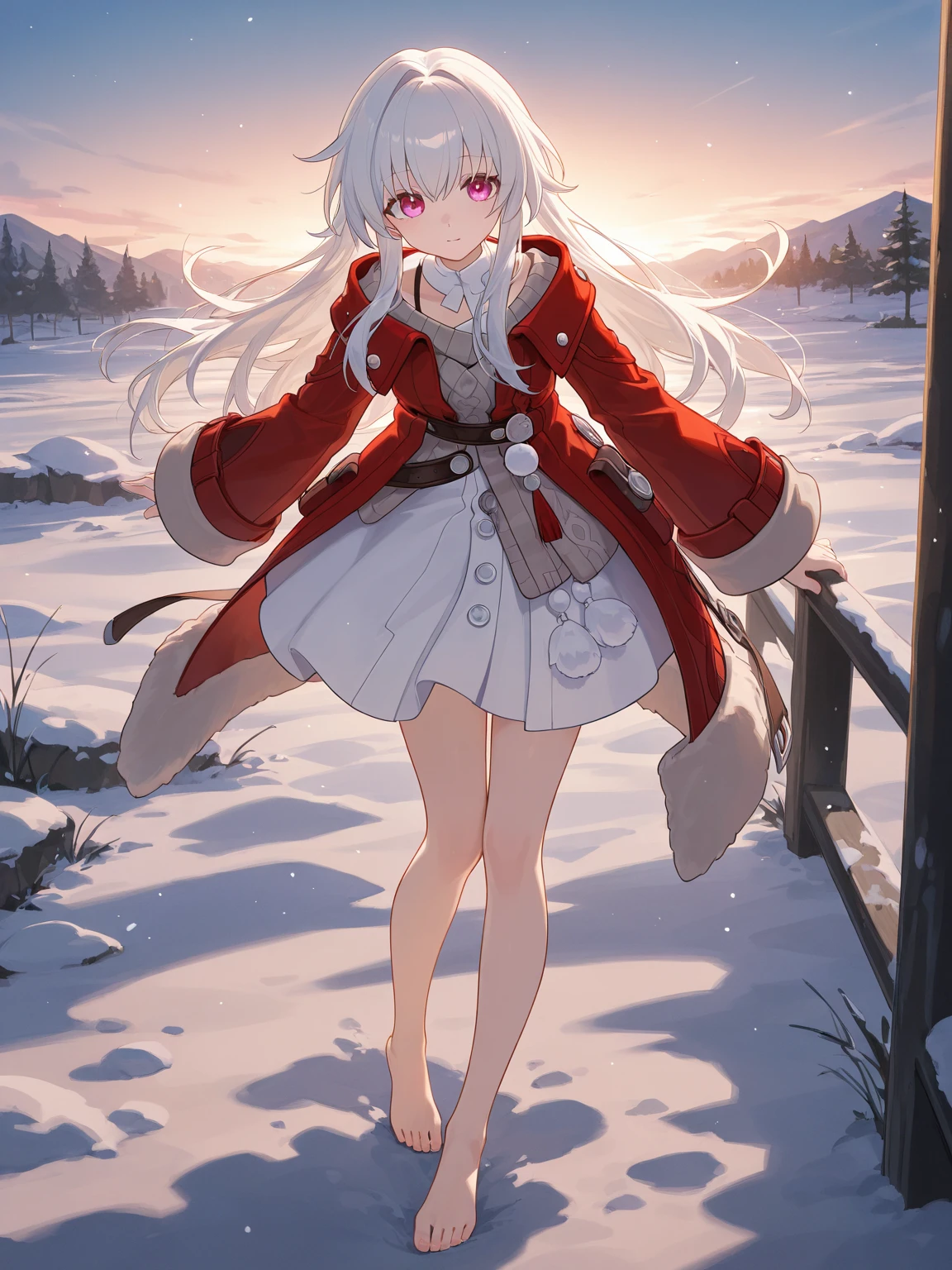 Anime girl sitting with arms outstretched on a bench in the snow, In the snow, in snow, gentle snow, at winter, at winter, Trending on ArtStation pixiv, snowfall, Rin, (Snow), Asuka Langley Soryu, Heavy winter aesthetics, snowy winter, Winter in the snow, snowfall, light snowing