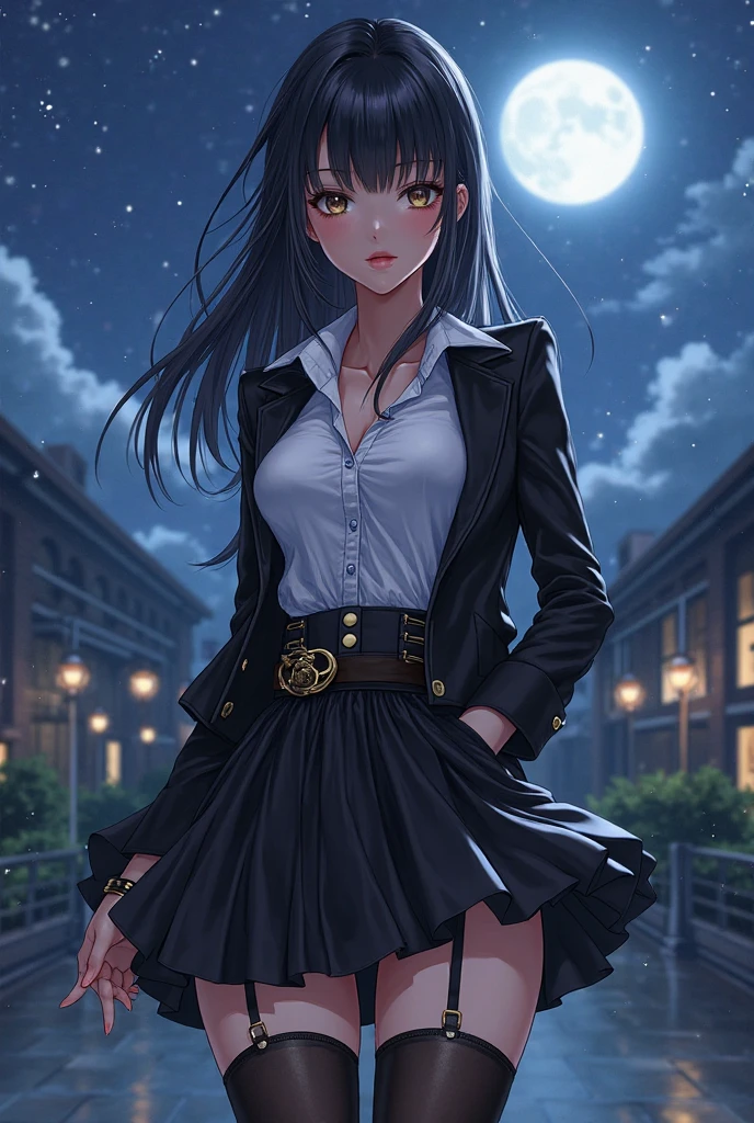 1 girl, casual clothes, princess, tie, gloves, outdoors, sky, full moon, rain, black hair, blue eyes, standing, night sky, sideways, reflection, long hair, cloudy sky, {{(artwork teacher) , (extremely detailed CG unity 8k wallpaper), best quality, solo, 1 girl, cinematic lighting, detailed background, beautiful detailed eyes, bright pupils (extremely delicate and beautiful), (beautiful and detailed description of the eye) , ultra detailed, masterpiece,}},