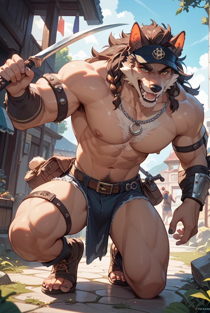 uploaded to e621.net, masterpiece, 8k, hyena, male, gray hair, soft figure, heavy, chubby, muscular, barbarian outfit, laughing, brown leather outfit, beige fur, spots, (bare paws:1.2), digitigrade, standing, looking down, (huge penis:1.2), (thick penis:1.6), (huge testicles:1.3), (flaccid:1.4), detailed penis, primitive village, tiny village, (giant:1.5), (macro:1.4), (crowded:1.3), (figures in background:1.5), longhouse, by darkgem, by bng, by duase, by gideon, by teaselbone,