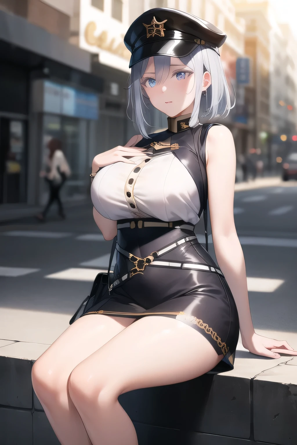 can you draw a woman with long silver hair、、Bodyconscious costume,No hat,Using Cinematic Lighting and Ray Tracing , Using Cinematic Lighting and Ray Tracing short-haired woman with red hair,a cop wearing a miniskirt,,Big breastsと更にBig breastsを描いてください,Using Cinematic Lighting and Ray Tracing マイクロミニスカート,Sleeveless Sweater,high heels, Attractive 20 Year Old Woman , city tour , , , Big breasts, Thin Waist , , ,face is absolutely necessary,accurate depiction of hands and feet,