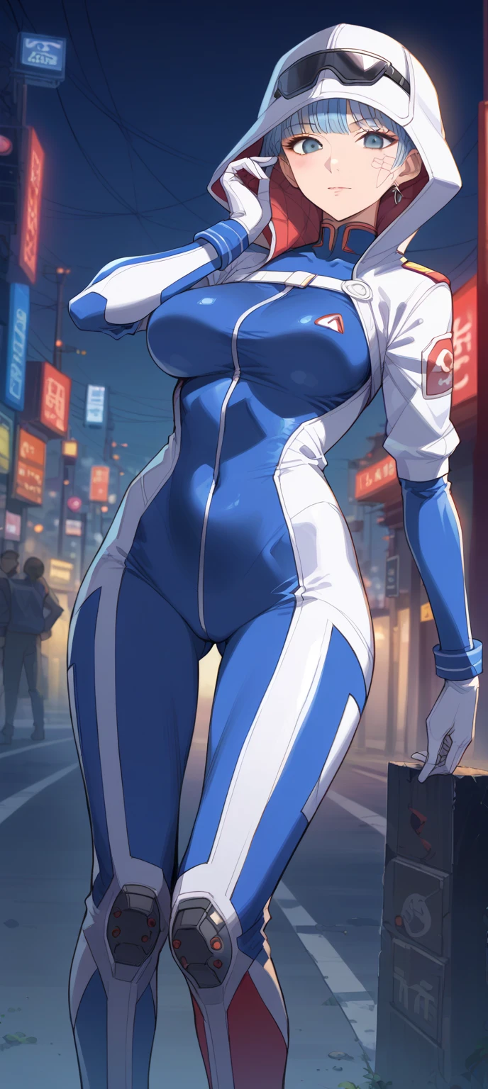 masterpiece, best quality, highres, 1girl, solo, superhero, leotard, bare legs, boots, matching boots, aura, blue aura, sleeveless, gloves, bracelets, matching gloves, looking at viewer, light particles, city backdrop, perfect hands, perfect eyes, powering up, perfect leotard, super-spin, spin, twirl, tornado spin, dust particles, wind particles, swirls, tornado swirls, super-speed,