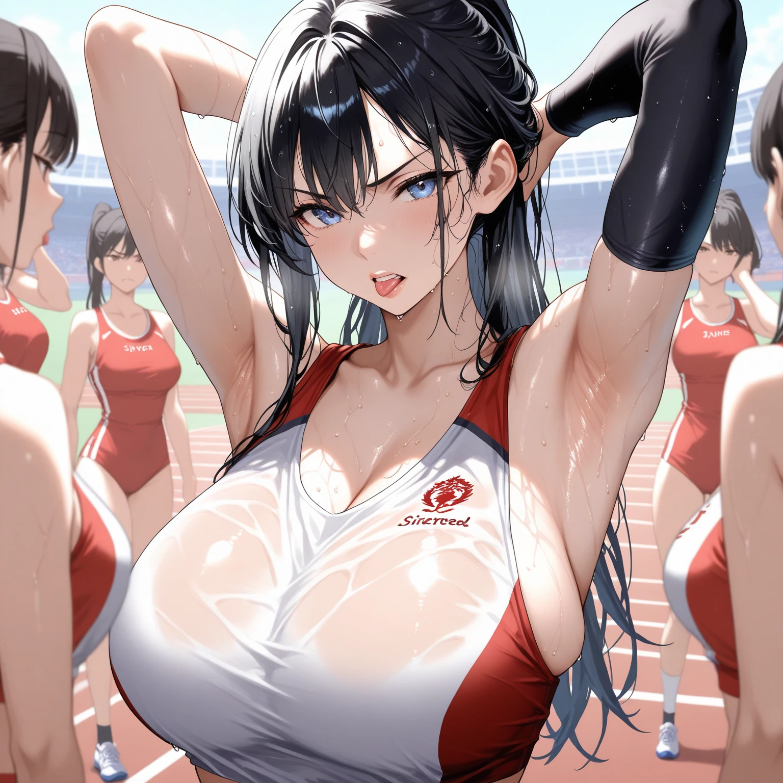 (((UHD)), ((highest quality)), ((masterpiece)), (Very detailed), (High resolution), (Beautiful detailed sparkle), (High detail), (Anatomically correct)), ((Realistic)), ((The best CG)), Ultra-detailed art, CG illustration, 8k, 1080P, Photorealistic:1.37, Anime 2D Rendering,
(((One Woman))),
(Symmetrical facial features:1.4, Perfect Face), Beautiful clavicle, (Beautiful fingers), (((Beautiful breasts, Slightly smaller chest))),
Beautiful body, Beautiful thighs, Beautiful feet, Perfect round butt, (((Detailed skin, Oily skin, Textured skin, Beautiful white skin:1.4))),
(((Baby Face, cute, 20-year-old))),
(Droopy eyes, Expression of fine eyes, Beautiful and delicate eyes, Sparkling eyes, Eye Reflexes, Dark Eyes),
(Beautiful Nose,Thin Nose),
(Smaller mouth, Glossy Lips, Beautiful Lips, thick lips),
(Beautiful Hair, Shiny Hair, Shiny Hair), Hair fluttering, (((Black Hair, Long Hair))),
(Track and field uniforms:1.4)、Earrings、
BREAK
(Angry、Screaming),
BREAK
(arena、(I'm running as hard as I can:1.4)), ((Character Focus、Full Body Shot、full body))