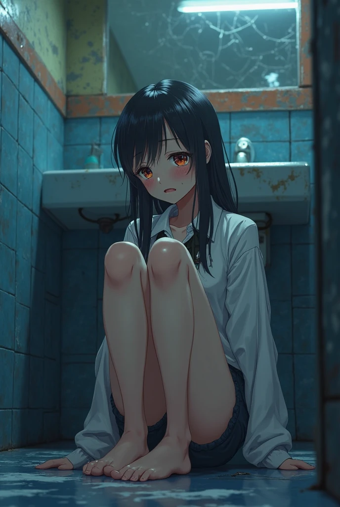 Anime girl sitting on wooden platform in dark room, guweiz on artstation pixiv, artwork in the style of guweiz, guweiz on pixiv artstation, 4k anime wallpaper, Anime art wallpaper 8k, guweiz, anime art wallpaper 4k, anime art wallpaper 4k, the anime girl is crouching