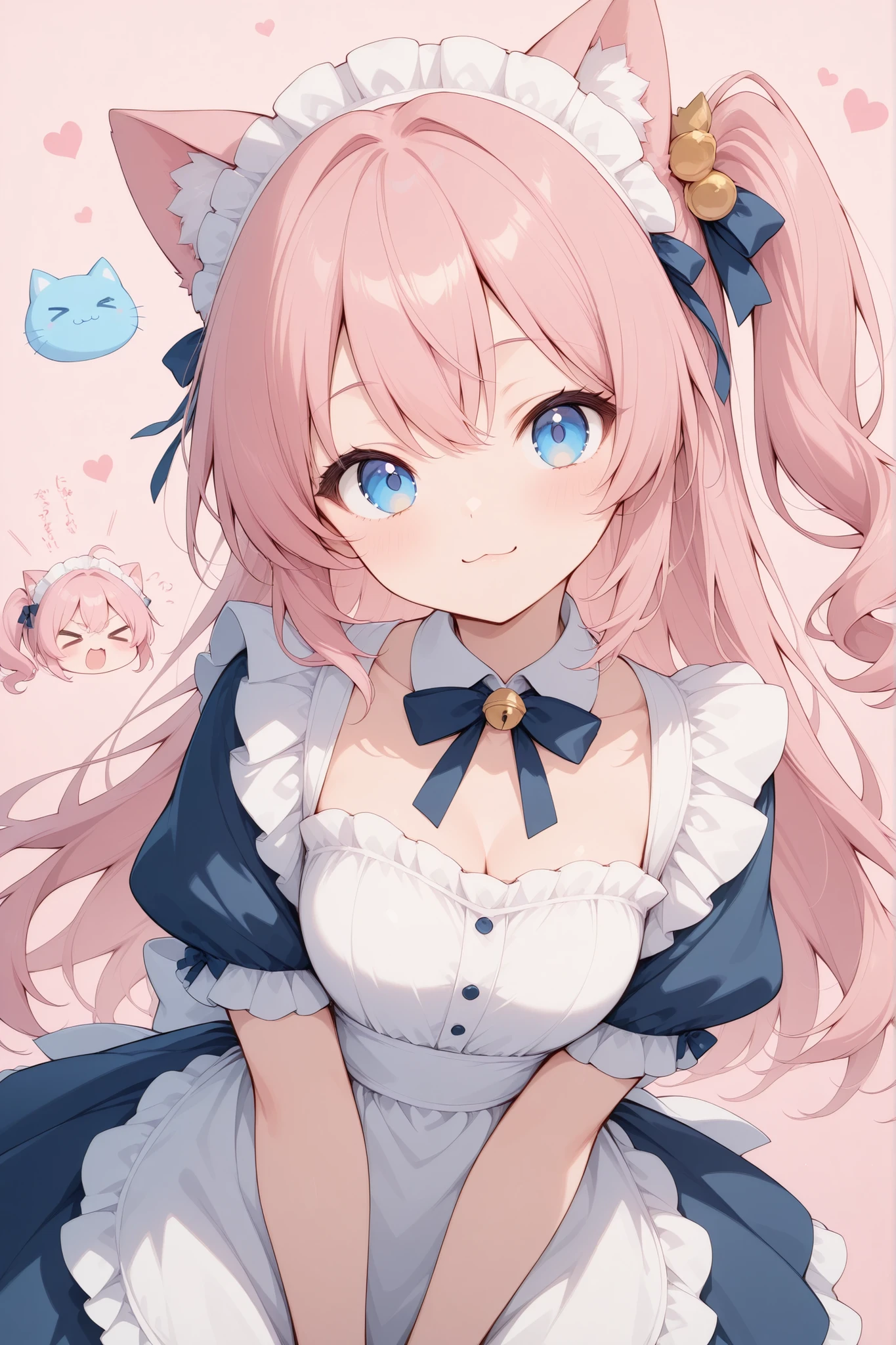 Cat ears、Maid Outfit、pink hair、long hair、side ponytail、cute、blue eyes、 very energetic girl 、>_<,:3