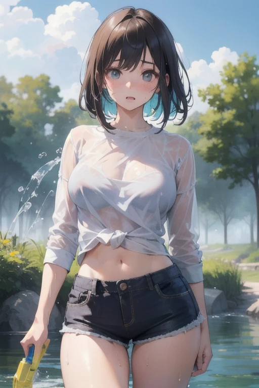 (masterpiece,best quality,ultra-detailed,intricate,detailed face,detailed eyes,beautiful eyes),(((rain:1.5,屋外、屋外:1.3,大都市の裏路地)))、(((1woman,wet:1.5,wet:1.5,wet:1.5,濡れた衣服:1.5))),(((傘はない:1.5)))、cowboy shot,20歳の美女、dark blue hair,medium bob hair:1.3,sad,(micro shorts, 白色のTシャツ、濡れた衣服:1.5),(slender body,medium breasts,gleaming skin),sitting,from front,(depth of field:1.2),nsfw,