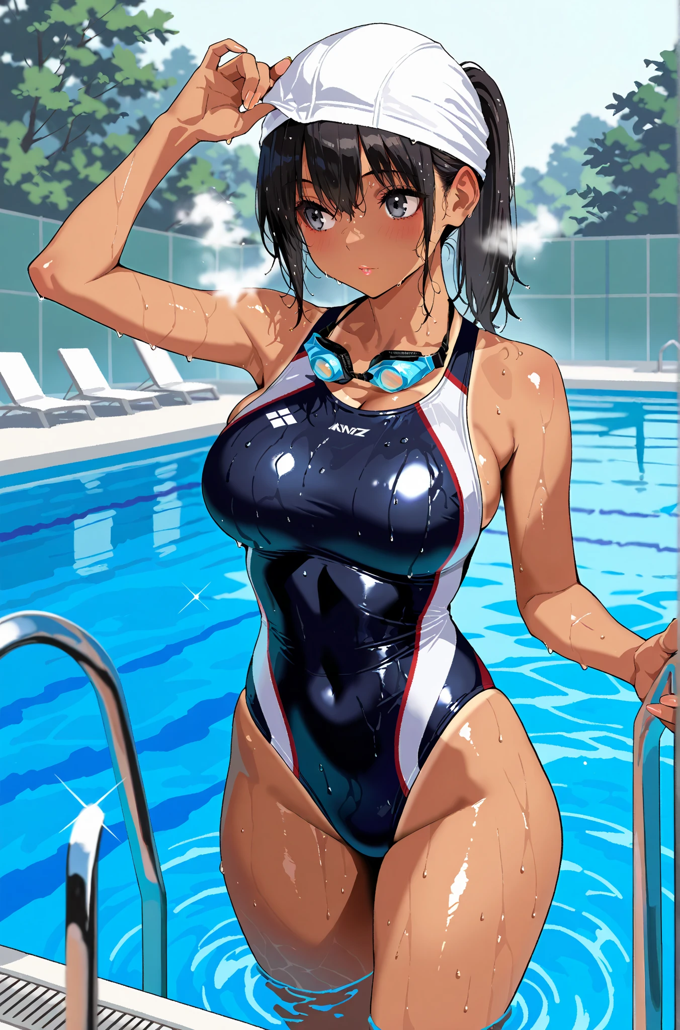 Swimming Club　Swimsuit　beautiful girl　Black Hair　Short Bob　Beautiful breasts
