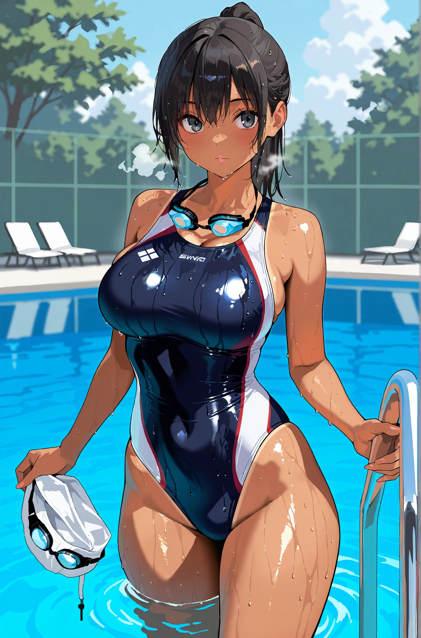 ((blue beret)), camel toe:1.4, erect nipples, (Sweat), (vapour), (((long gloves:1.3))), brown loafers, black calf length socks, Open your thighs wide to the left and right, Squat on the ground, show off your crotch to the viewer, ((latex competitive swimsuit:1.3, High leg, squat, spread your legs:1.3, (((arm behind head))), absurdes, Black short, flat lighting, elevation angle, sexy pose, highest quality, Complex, surreal, perspective, very detailed, detailed background, shape, 1 girl、alone, big breasts, light smile, embarrassing, blush, ((outdoor poolside)), 
