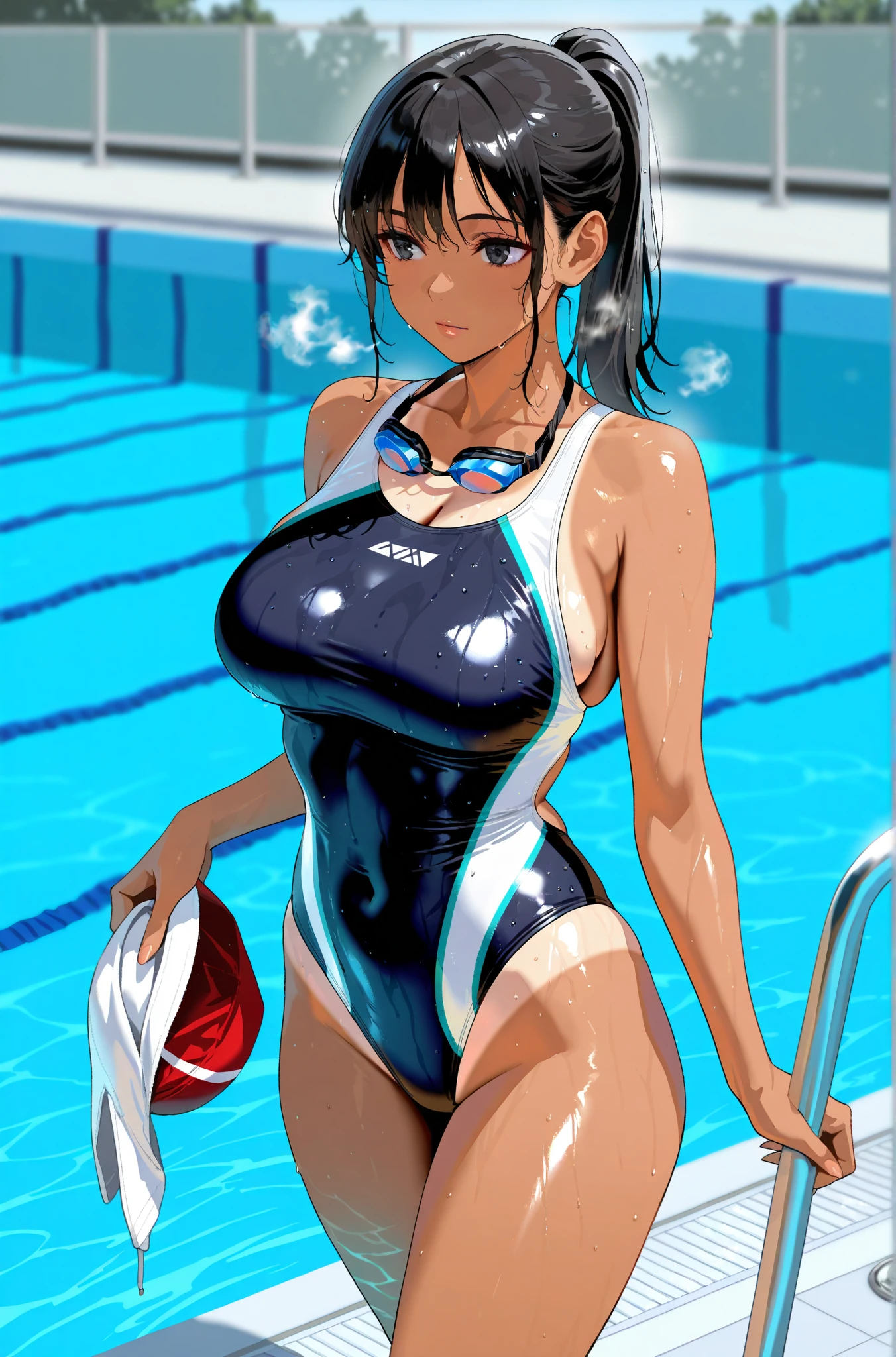 Highest quality,Highest Resolution,Smiling woman in swimsuit at competition pool,sunny,Sweating profusely,Drink a drink,Black hair ponytail,Standing posture,whole body,