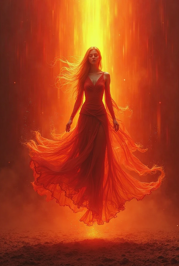 goddess wearing a flaming coat