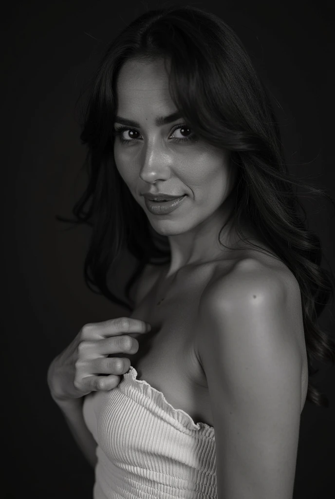 RAW photo,B&W,dark,moody,35mm focal lenght,underexposed,cold,candid photograph,artistic perspective,full body,photo of a beautiful,influencer,30yo Kurdish woman, detailed skin,naked, looking away from viewer, thick body structure,grey background,no background, candid pose,dim room,blue light, film grain, kodak color, instagram LUT