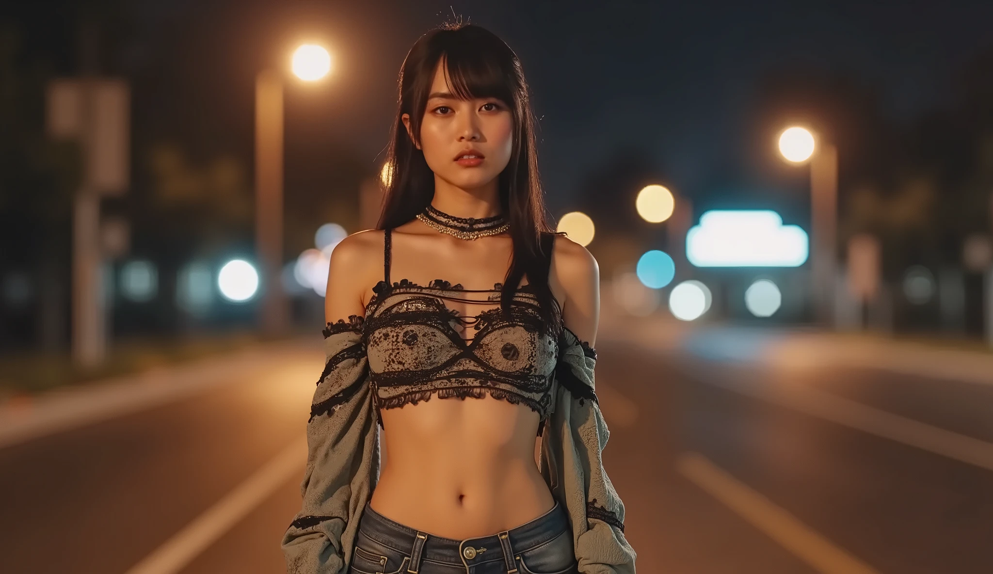 There is a woman walking around town at night, cropped top sexy, ripped t-shirt, cut top , Shoulder, cut top , cut top , cropped top, long skirt, Long sleeve cropped length, 20 year old female model , long saggy clothes , hakama wide leg pants