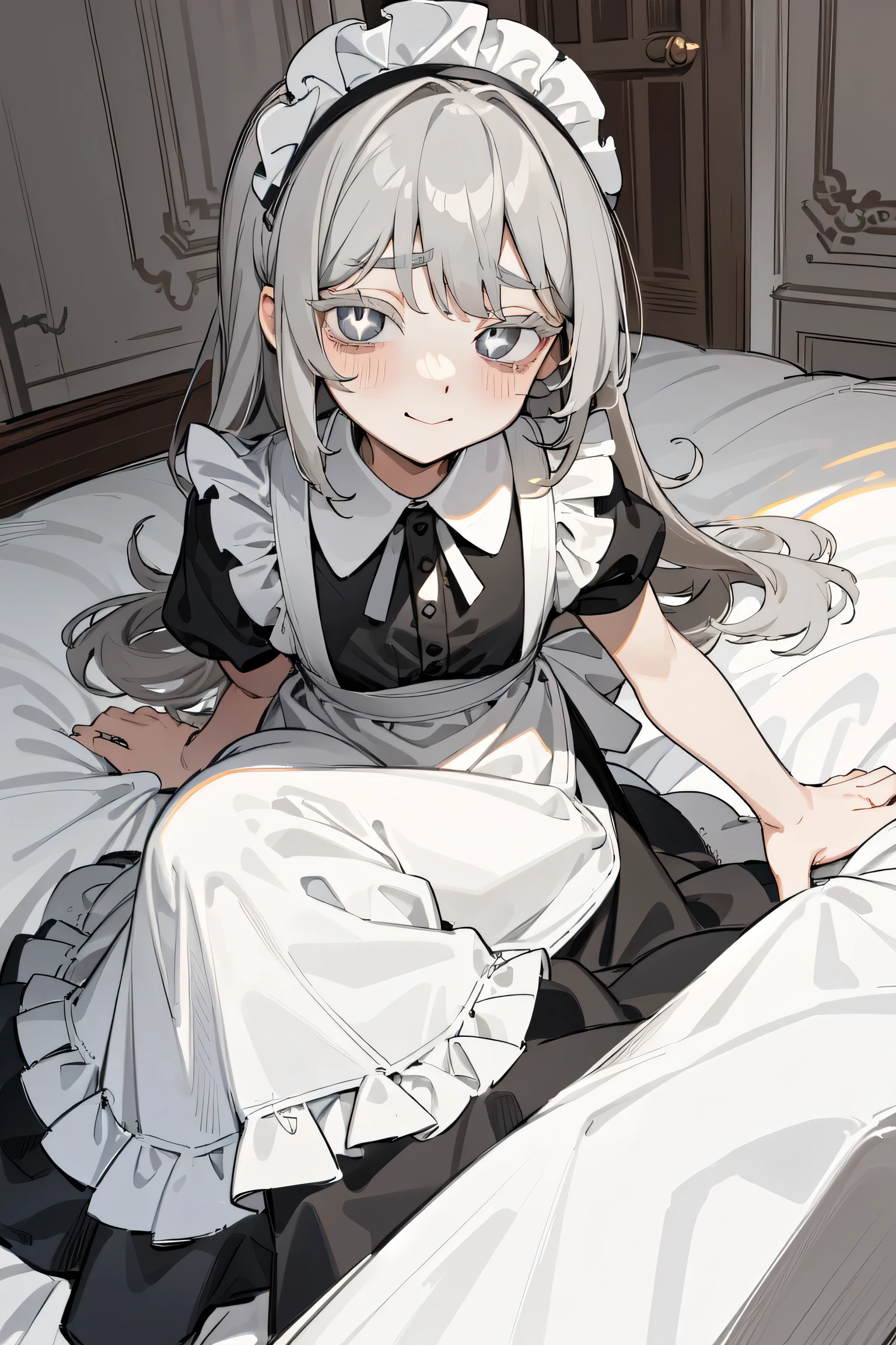 Masterpiece, hang next to it, super high quality, Jung Kwon, sketch:1.1), ((Portrait)), 1 Muppet girl, downstairs, young long hair gray hair, Straight Hair, straight bangs, ((light gray eyes, white eyes)), ( dark face , Eye bags:1.2), (Colored eyelashes, white eyelash :1.2), Small , black shoes, neutral, Expressive ability, Small smile, V-shaped smile, curved smile, :>, black and white dress , maid, white apron, isometric lightning , lying in bed,full ,blush,Sweat