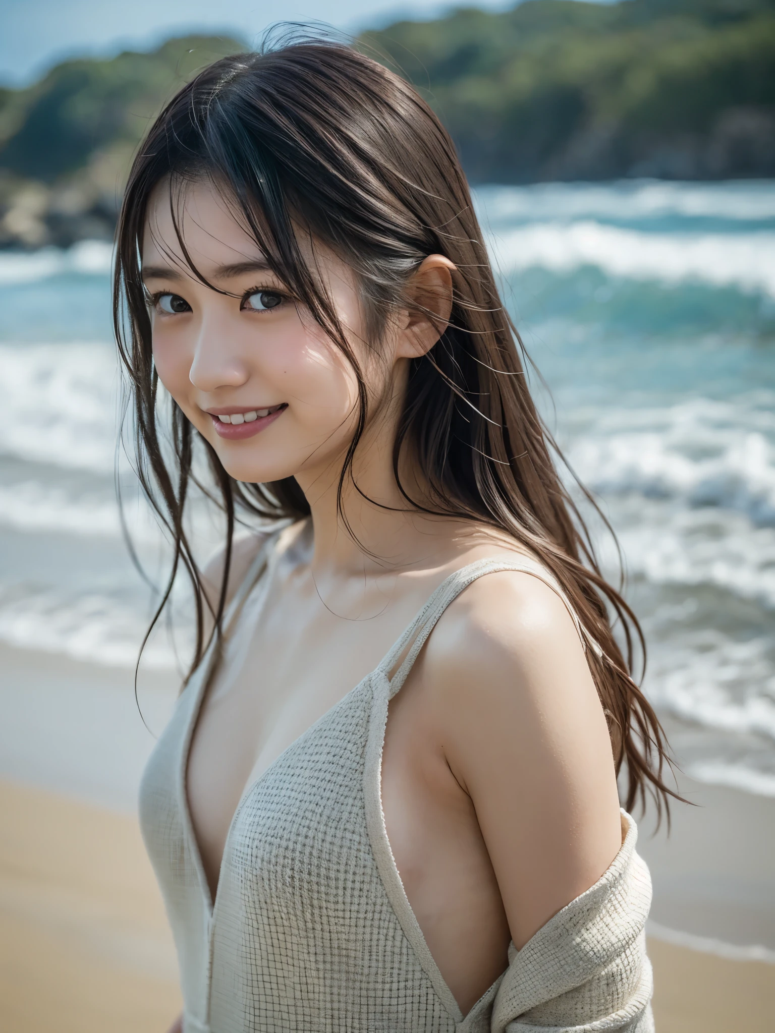 Japanese、beautiful girl、beautiful、cute、Completely naked、young、Fair skin、Beautiful leg lines、D cup breasts、Cleavage、Tight waist、White skin、17 years old、Sandy Beach、Eyes are moisturized、Wet lips、Wet bare skin、Summer Morning、Crashing Waves、The background is blurred、My whole body is wet、Lonely expression、An inviting gaze、Looking up