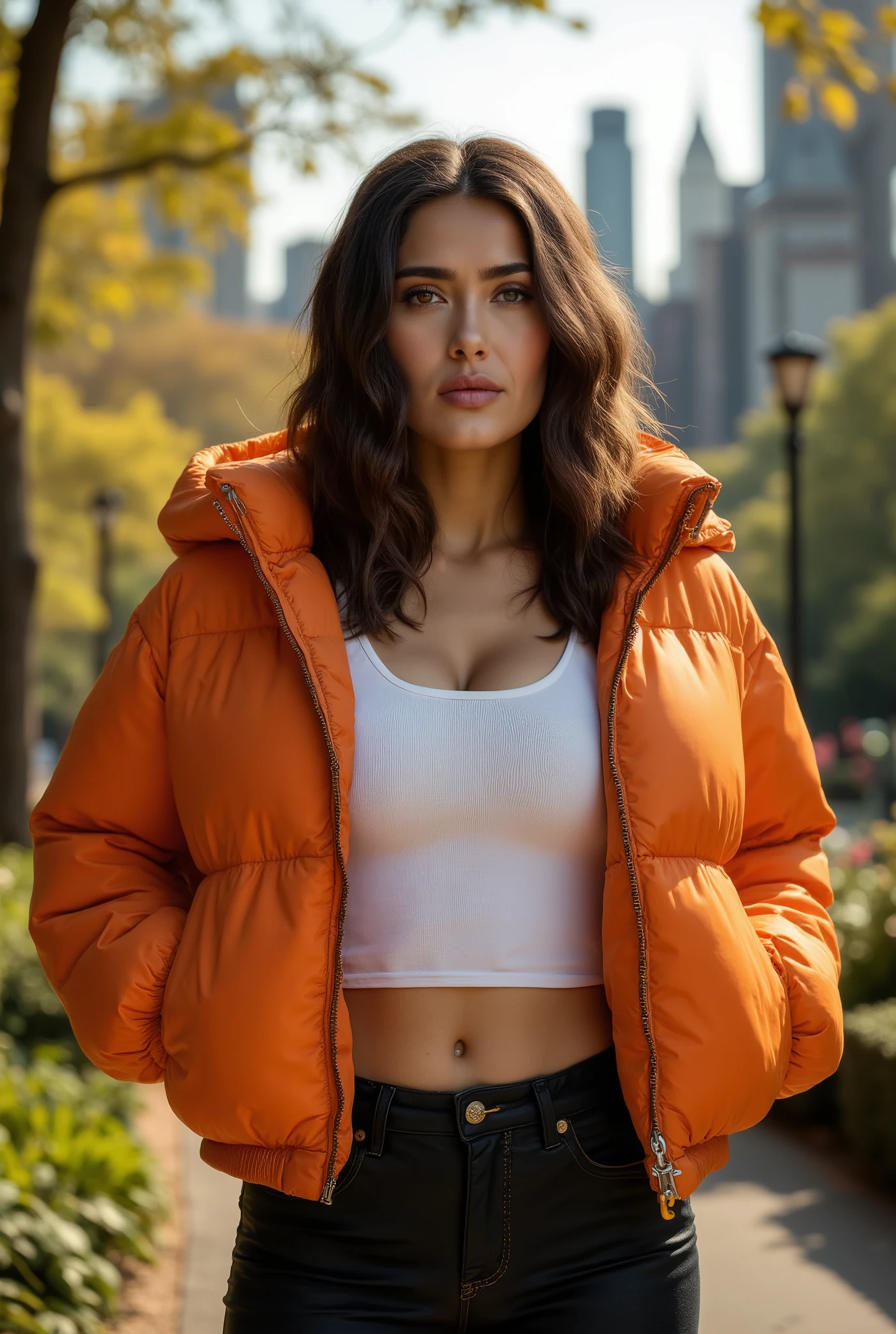 woman, masterpiece, best quality, (photorealistic:1.4), (shiny orange cropped PUFFER JACKET over white tank top:1.1), (leather jeans:1.2) heels, in the New York Central Park, sunny day, cinematic light, beautiful woman, photo taken from a distance,