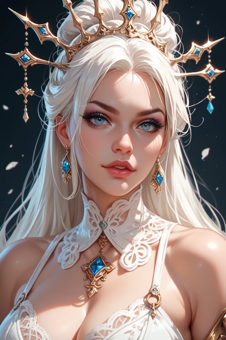 A stunning photorealistic portrait photograph of a beautiful woman, ethereal goddess, albino, white hair, white eyebrows, full body, baroque intricate silver headdress, cover, hyperdetailed painting, luminism, Bar lighting, complex, 4k resolution concept art portrait by Greg Rutkowski, Artgerm, WLOP, Alphonse Mucha, little fusion, realistic fantasy, fractal isometrics details bioluminescence, beautiful awesome, 3d render, octane render, intricately detailed, cinematic, trending on artstation | Isometric | Centered hypereallistic cover photo awesome full color, hand drawn, dark, gritty, realistic mucha, klimt, 12k