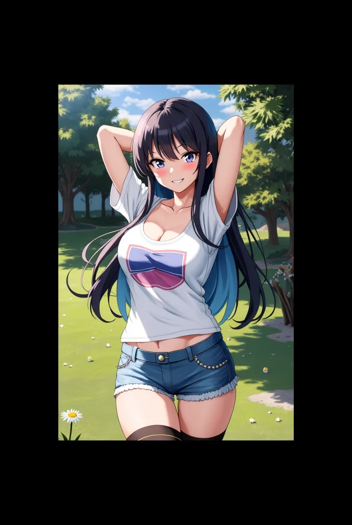A girl in a garden,feeling the summer sunshine,with black hair,ponytail and wearing a miniskirt,standing with her legs apart,leaning forward,placing both hands on a hydrant. (best quality,4k,8k,highres,masterpiece:1.2),ultra-detailed,(realistic,photorealistic,photo-realistic:1.37),illustration,beautiful detailed eyes,beautiful detailed lips,extremely detailed eyes and face,long eyelashes, cheerful expression, vibrant colors,soft sunlight,Open-chested clothing
