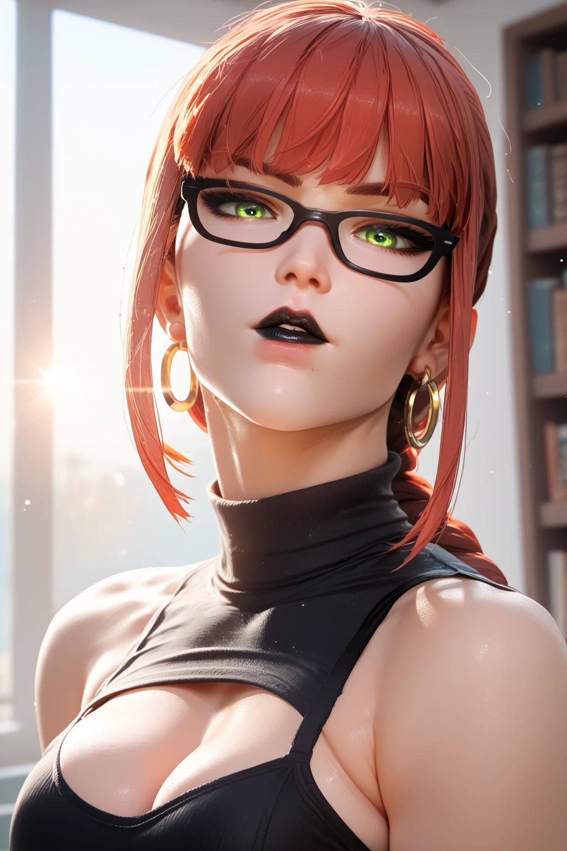 (((完美figure,figure,solo, White and tender skin,(((Cyberpunk,purple jacket,long shirt,navel,black shorts,black thighhighs,zipper ))),(((karinuzumaki,red hair,long hair,glasses,red eyes,))),((masterpiece)),high resolution, ((Best quality at best)),masterpiece,quality,Best quality,((( Exquisite facial features,Looking at the audience,There is light in the eyes,(((lol,Happy,blush))),))),(((Light and shadow,Huge breasts))),(((Looking at the camera,black background,))))