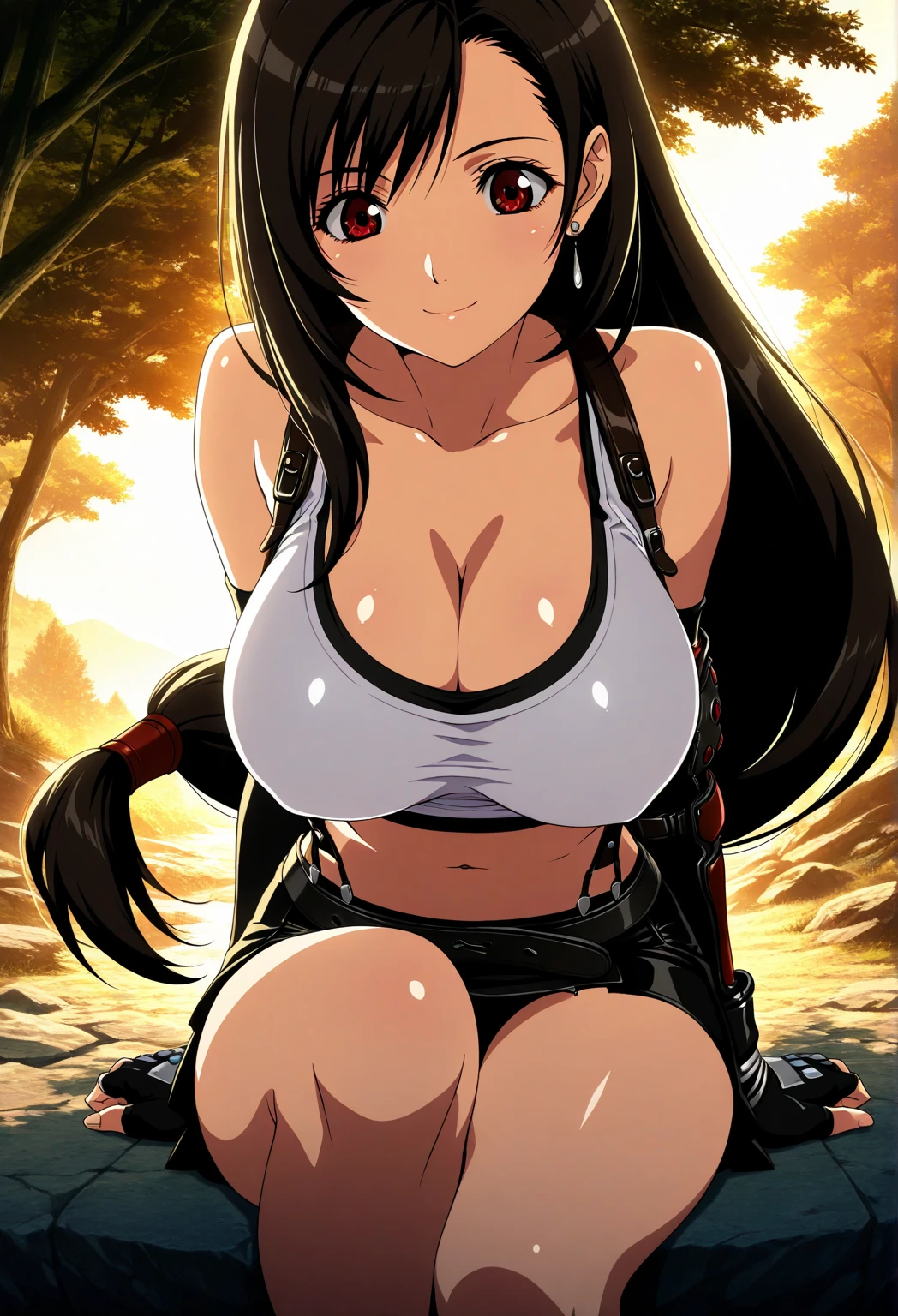 unparalleled masterpiece, 8k, high quality,perfect artwork, outdoor, 1girl,18yo,muscular female, kanu unchou,(Tifa Lockhart, outfit,arm guards, bare shoulders, black mini skirt, black thighhighs, collarbone, earrings, jewelry, midriff, navel, earring, suspender skirt, suspenders, necklace,(white tank top:1.2),black socks, red boots, zettai ryouiki,), (earrings, low-tied long hair, hair over one eye:1.2), clean, beautiful face, pure face, pale skin, shiny hair, colored inner hair, detail hair, Long eyelashes, braid, (finely detailed beautiful eyes and face), hyper extreme detailed, stunning lighting effects, (sexy pose:1.3),large breasts,erected nipples,cleavage,navel,underboob,see through nipples,(micro panties,cameltoe:1.2),(red blush,embarrassment:1.2),sitting,(sweat:1.3),from below,looking down,spread legs