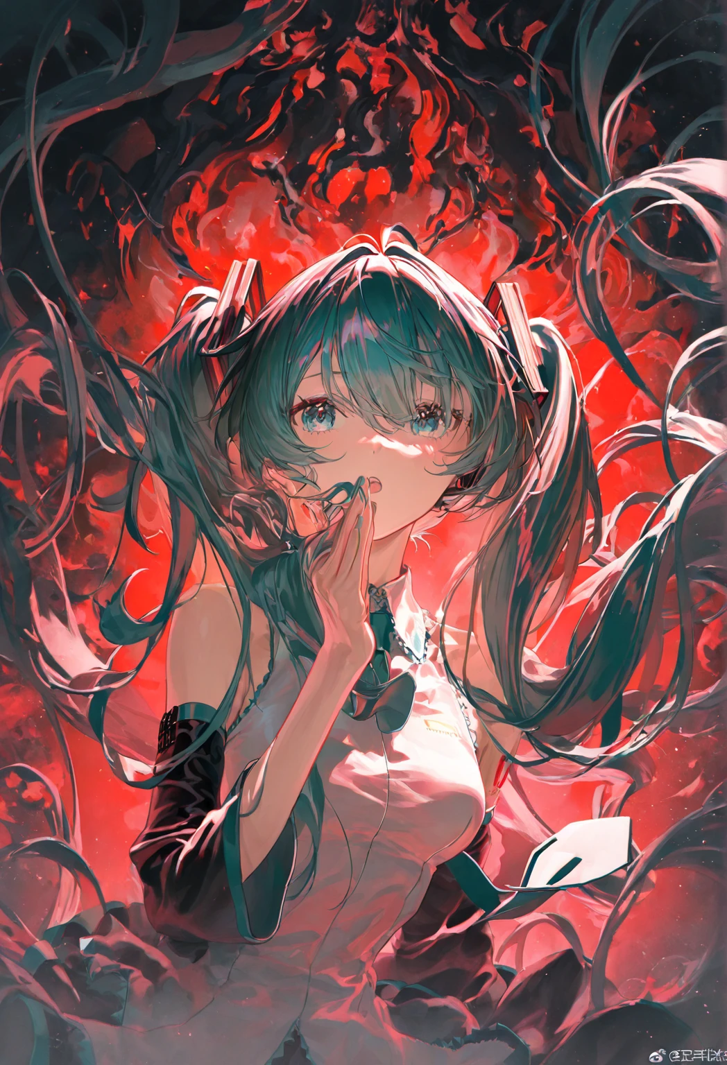 The upper body is Hatsune Miku,The lower body is a large spider,blue hair,Eight red eyes,,{{Best quality}}, {{Masterpiece}}, {{Ultra-detailed}}, {illustration}, {Detailed light}, {An extremely delicate and beautiful}Messy floating hair, Colored inner hair, Starry sky adorns hair, depth of fields,Loli,Largest breasts,The head has three horns,There are five-color lines on the body,Black sclera,Highly detailed, High quality, Masterpiece, Long hair, Execution, teeth, Horror (Theme), Smile, Sharp teeth, Glowing, Dark, Blood, The longest tongue, grin, Glowing eyes, Evil smile,The lower body has only eight spider legs,There are spines in the spine,Stick out your tongue,There are red glowing square gemstones and square sapphires on the chest,The sharpest claws,Eight hands,holding a scythe,Venom is spread throughout the body,red colored skin{meticuloso},There is an eye in the palm of the hand,The spine has raised spines,The arm turned into a snake,There are bone spurs on the tail,Lamia, scutes,Human sharks, maid, Fins, Underwater, full bodyesbian, navel, Original Character, voluminetric lighting, Best shadows, Shallow depth of field, stunningly beautiful girl, Petite, Delicate Beautiful Attractive Face,harpy, feater,