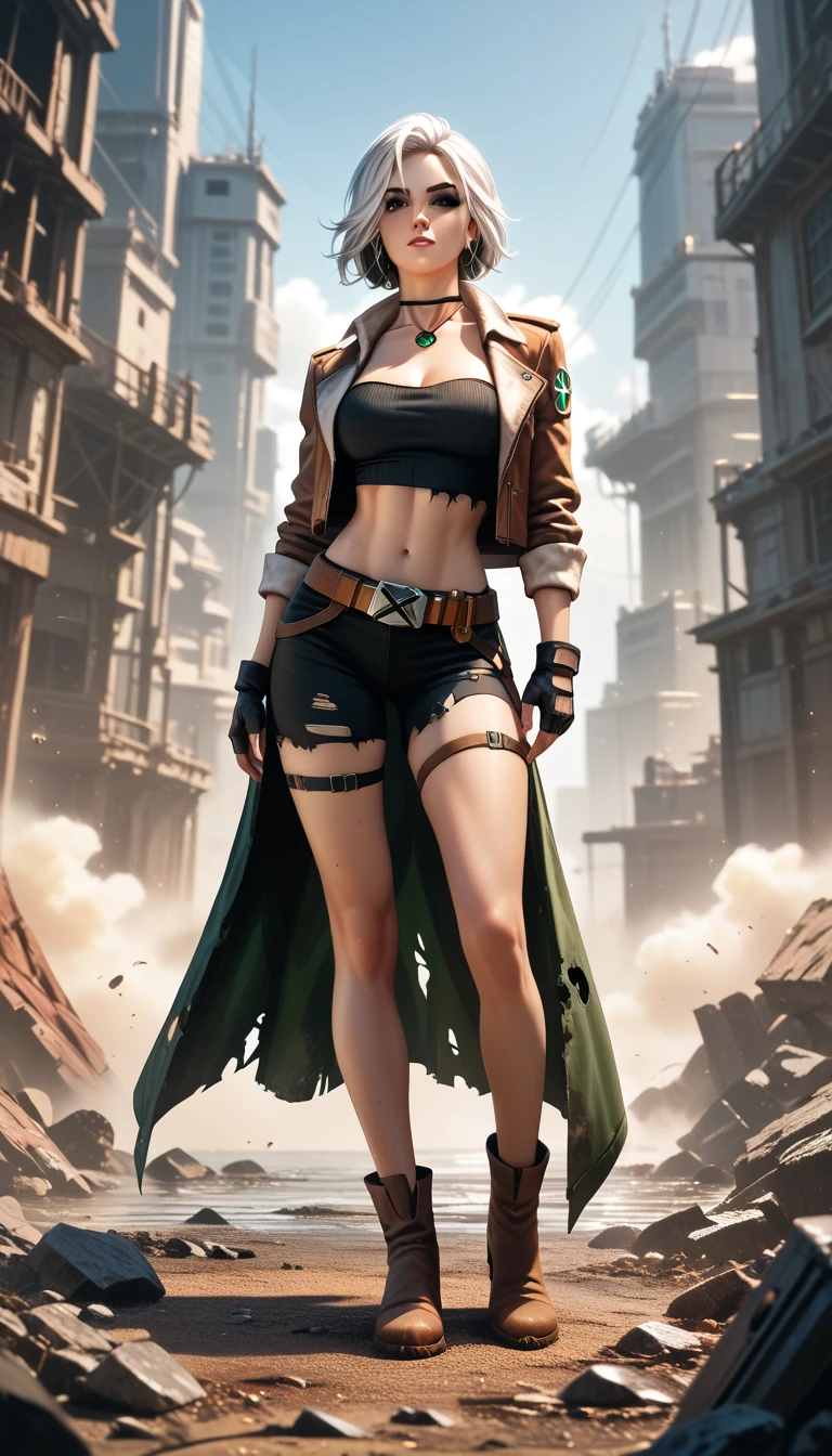 (masterpiece, perfect, masterpiece, best quality, ultra-detailed, illustration, photorealism, rich draw, 8k, 4k,extremely detailed, volumetric lighting, realistic, realistic lighting, 8k, cinematic lighting, depth of field, hyper-detailed, photorealistic, ultra realistic, realistic light, hard lighting, intricate details, clear, colorfull),1girl, solo, character_pokemon_gardenia, poncho, cropped shirt, midriff, belt, shorts, boots, (tundra), gravel, cold, frigid zone, landscape, rough terrain, (huge Damaged cyberpunk building far away at horizon:1.3), post-apocalyptic, Futurism, secluded, adventurous, exploration, escape, independence, survival,, observation, intuition, adaptability, creativity, imagination, texture, detail, realism, depth, perspective, composition, color, light, shadow, reflection, refraction, tone, contrast, foreground, middle ground, background, <lora:Pokemon_Gardenia:0.6>