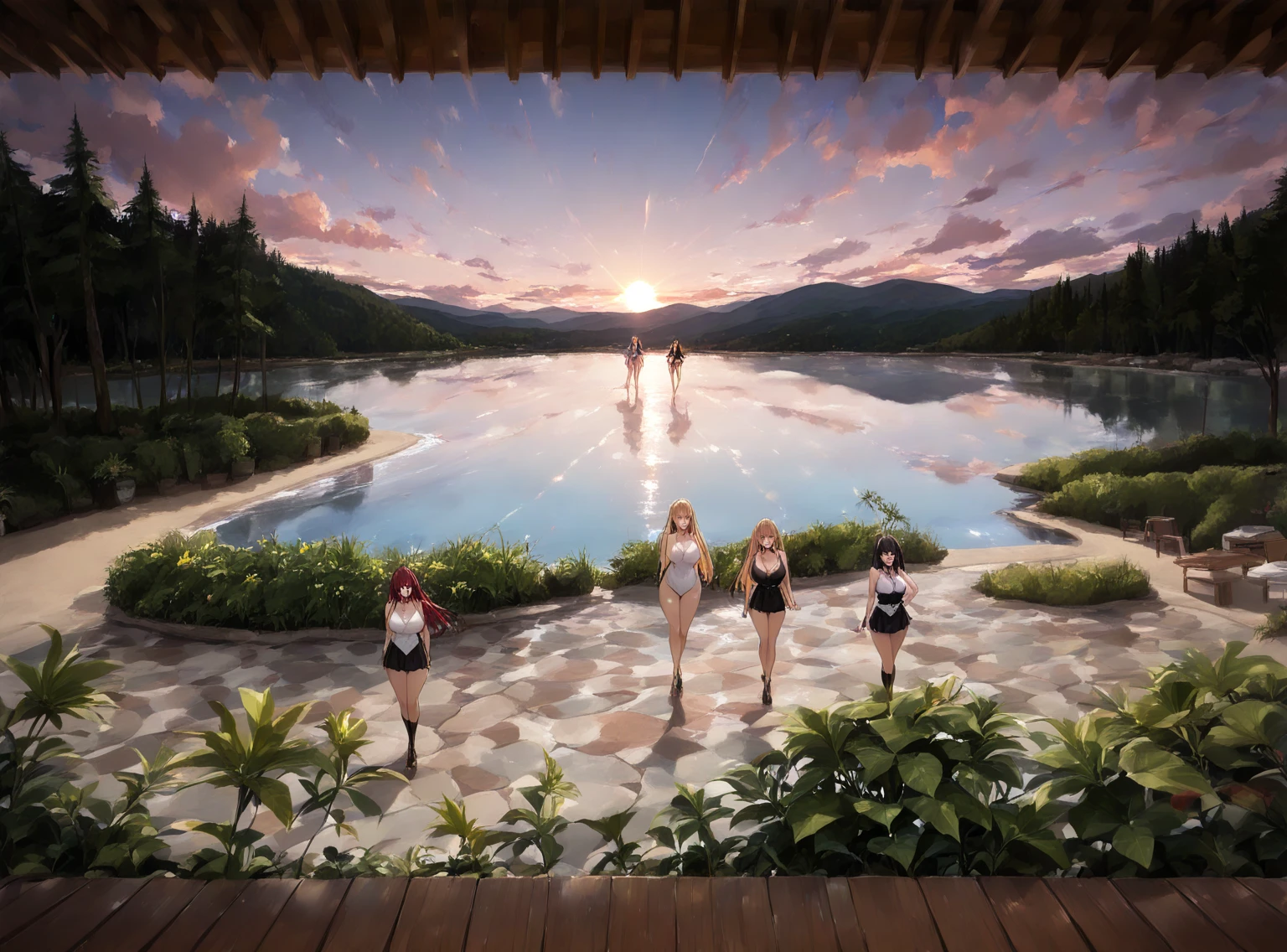 a group of boys and girls cheers at a poolside party, jog of juice, glass of cocktail, smile, long eyelashes, colorful swimsuits, splashing water, vibrant colors, warm sunlight, reflections in water, lush greenery, (best quality,4k,8k,highres,masterpiece:1.2),ultra-detailed,portraits,vivid colors,HDR,studio lighting,anime screencap,