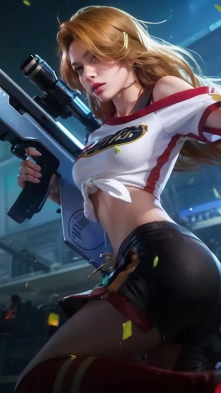 masterpiece, 8k, realistic, girl with a gun in her hand and a baseball field in the background