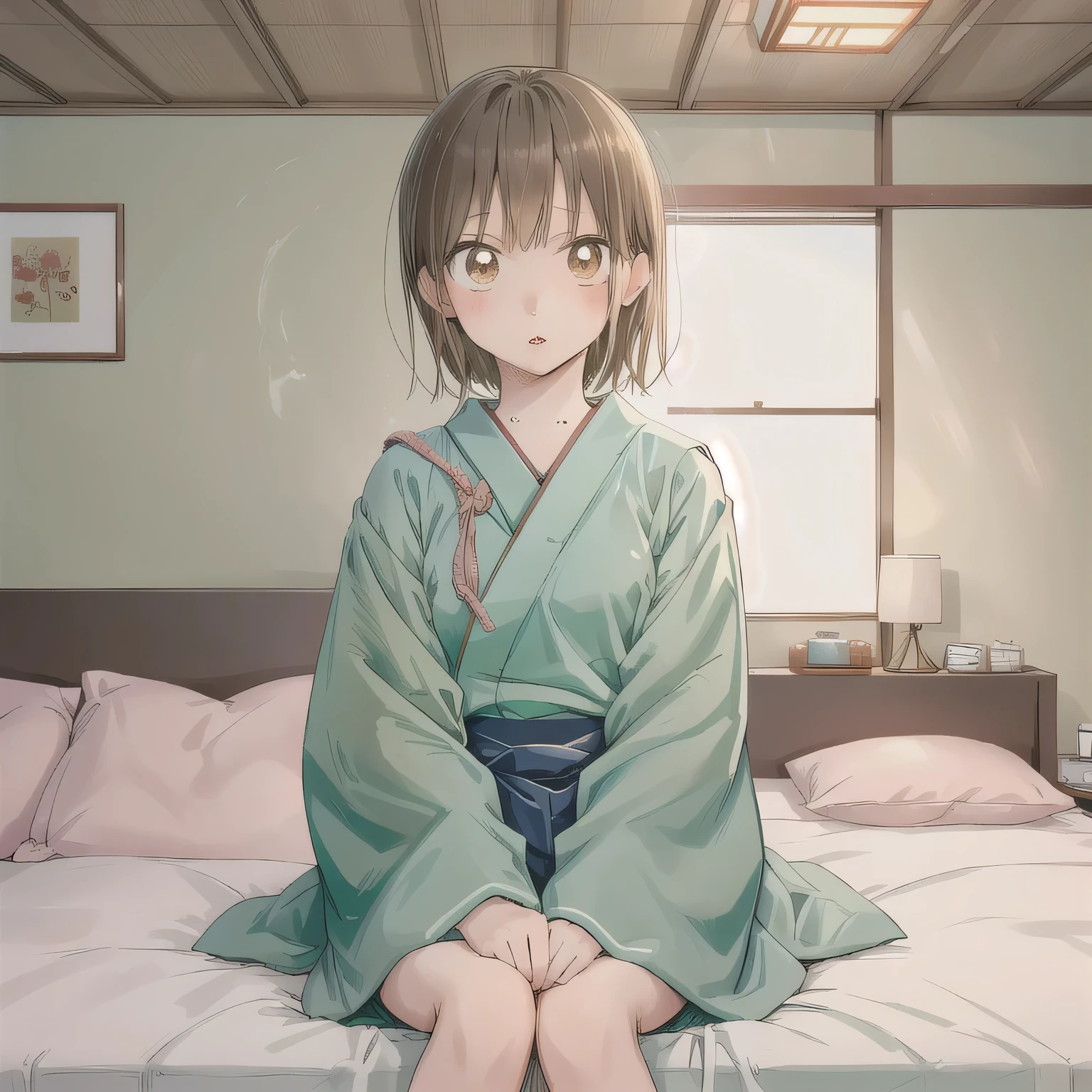 A cute anime-style girl with short brown hair and brown eyes, wearing a traditional Japanese school sailor uniform in green tones. She is sitting on the edge of her bed in a cozy, pastel-colored bedroom decorated with plush toys. Her expression is dreamy and content, with slightly parted lips, as if she is about to take a bite of something delicious. Her hands are positioned as if holding a large, invisible food item in front of her mouth. The room has a warm, homely feel, resembling a typical Japanese girl's room in a quiet suburban house.