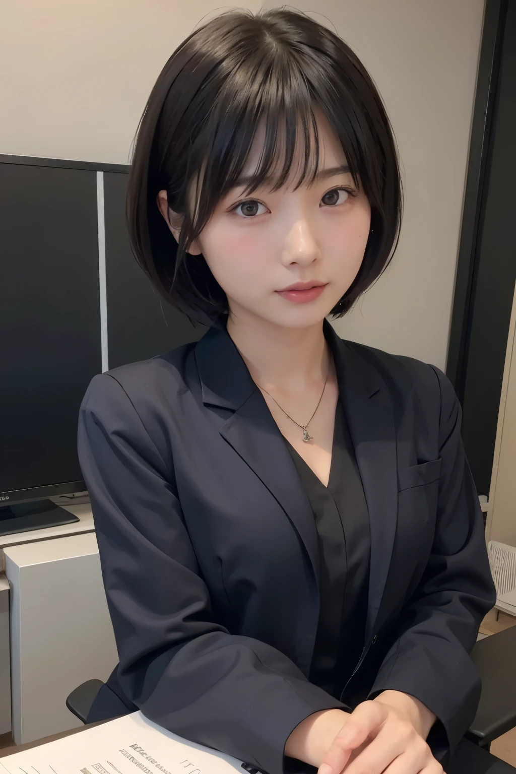((Best of the highest quality, 8k, Masterpiece, raw photo: 1.3)), Sharp focus: 1.2, (1 AESPA, slim body type female, 21 y/o: 1.1), (Solo: 1.2), (realistic, photo-realistic:1.37), face focus, cute face, finely eyes, (droopy eyes: 1.32), (Emphasize prominent aegyo-sal with bright: 1.2), shimmering eyeshadow applied under the lower lash line, paired with thick, (small breasts, flat chest, thigh: 1.3), (short messy hair, bangs: 1.2), (business suit: 1.28), sitting terrace office, sun light, flower